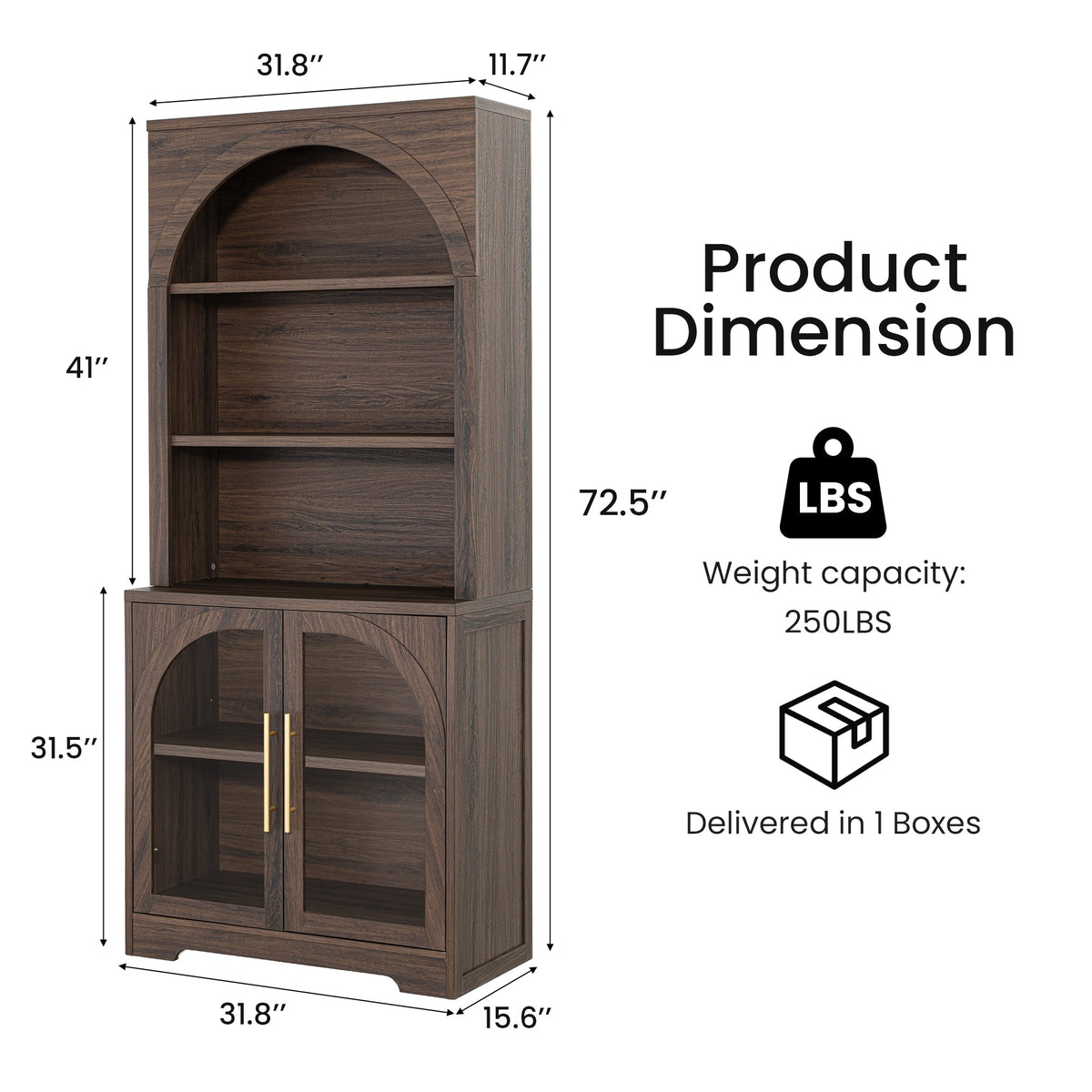 Arched Tempered Glass Door Storage Cabinet, 3-Tier Open Shelf Bookcase Display Cabinet