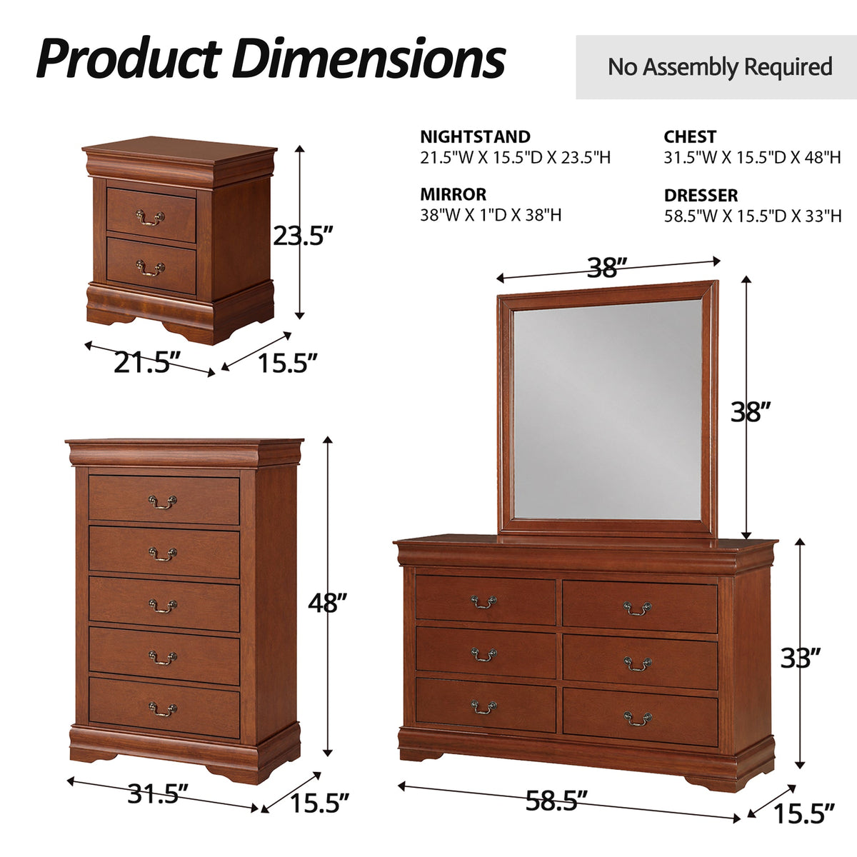 4-Piece Transitional Sleigh Bedroom Set with Solid Wood Bed, Nightstand, Chest & Dresser (Mirror Optional)