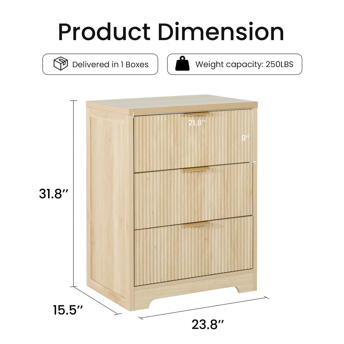 Fluted 3 Drawer Nightstand, Modern Wooden Storage Cabinet with Ribbed Drawer Fronts