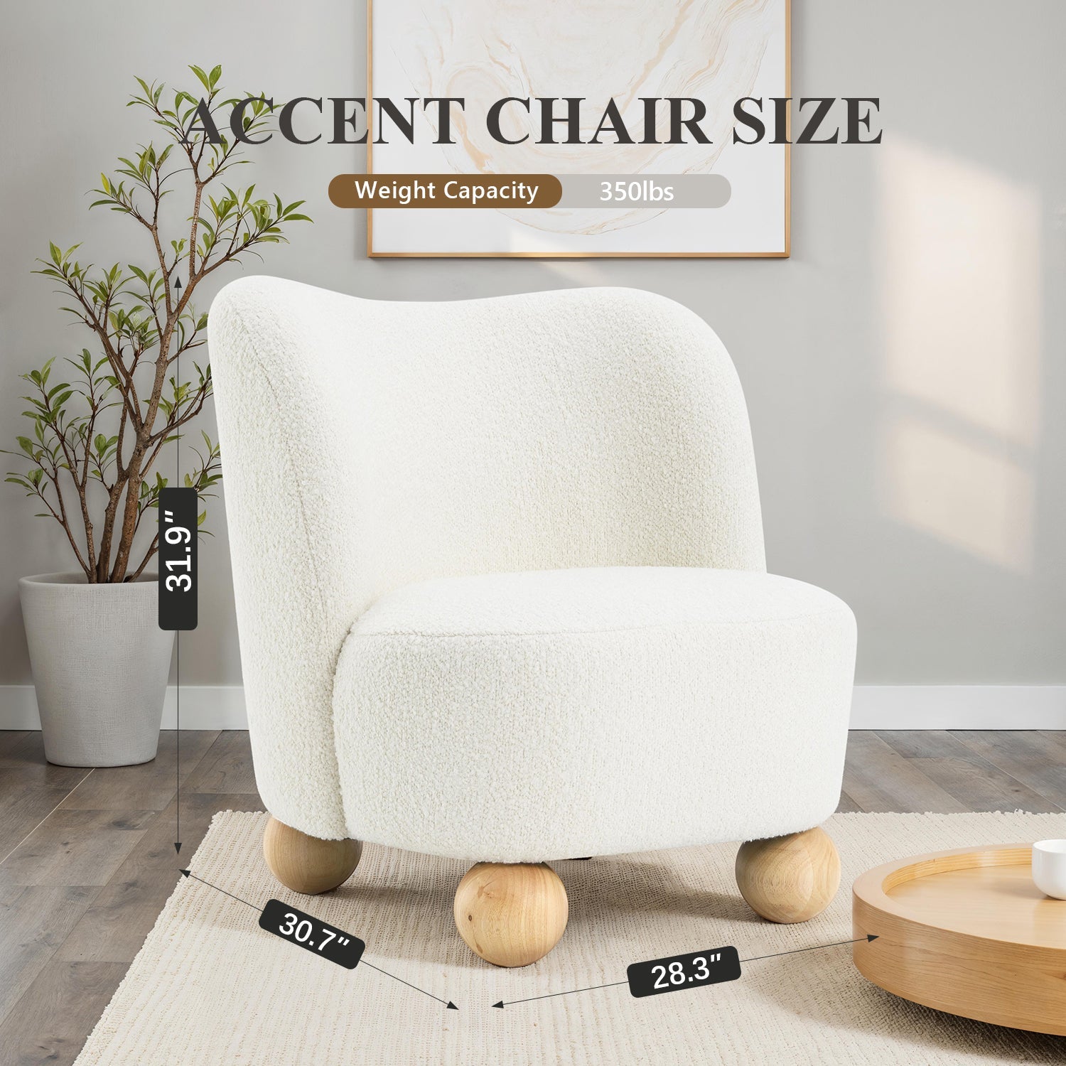 Contemporary Boucle Accent Chair – Sculptural Wood Ball Feet, Wide Seat