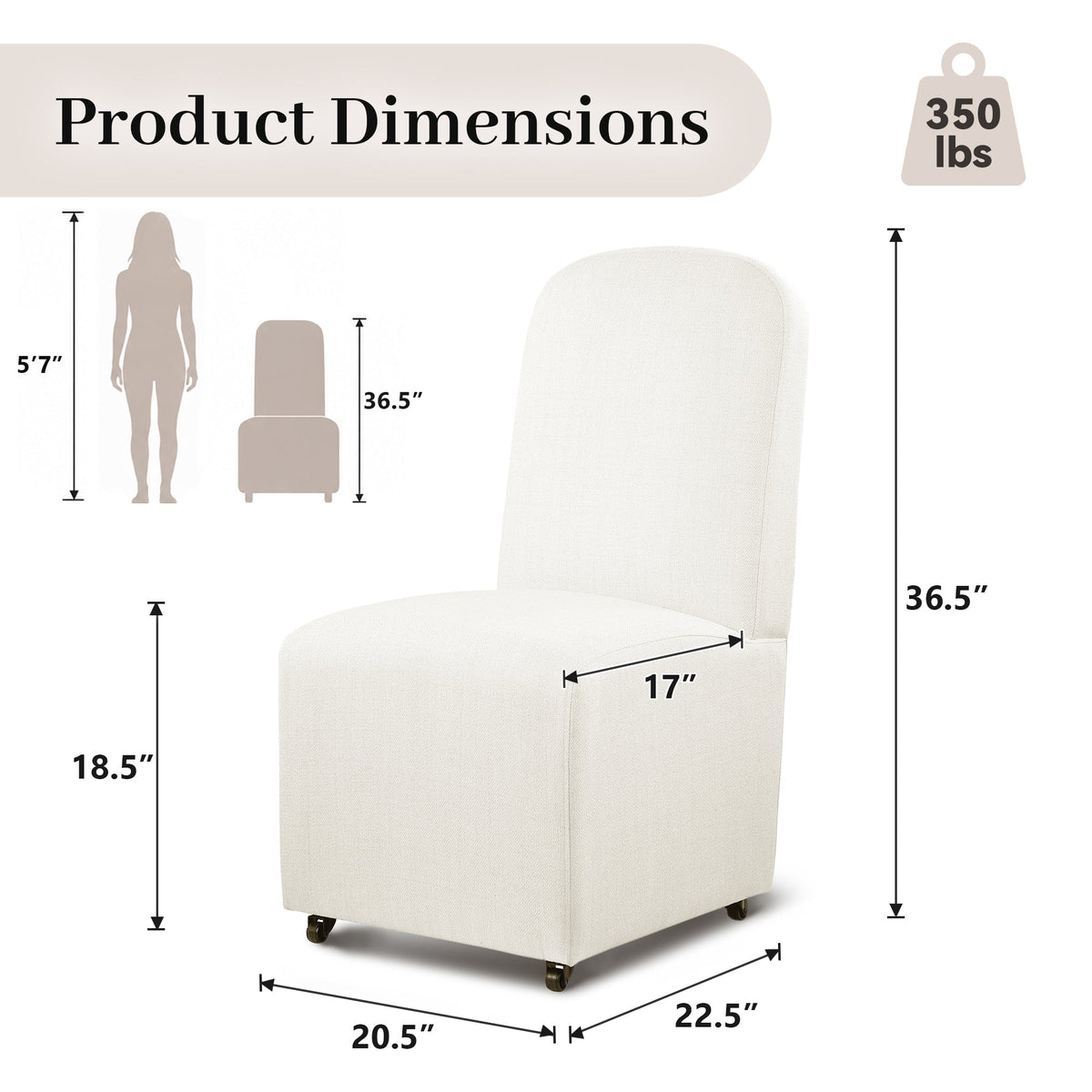 French Farmhouse Upholstered Dining Chair with Rounded Back, Caster Legs & Skirted Design