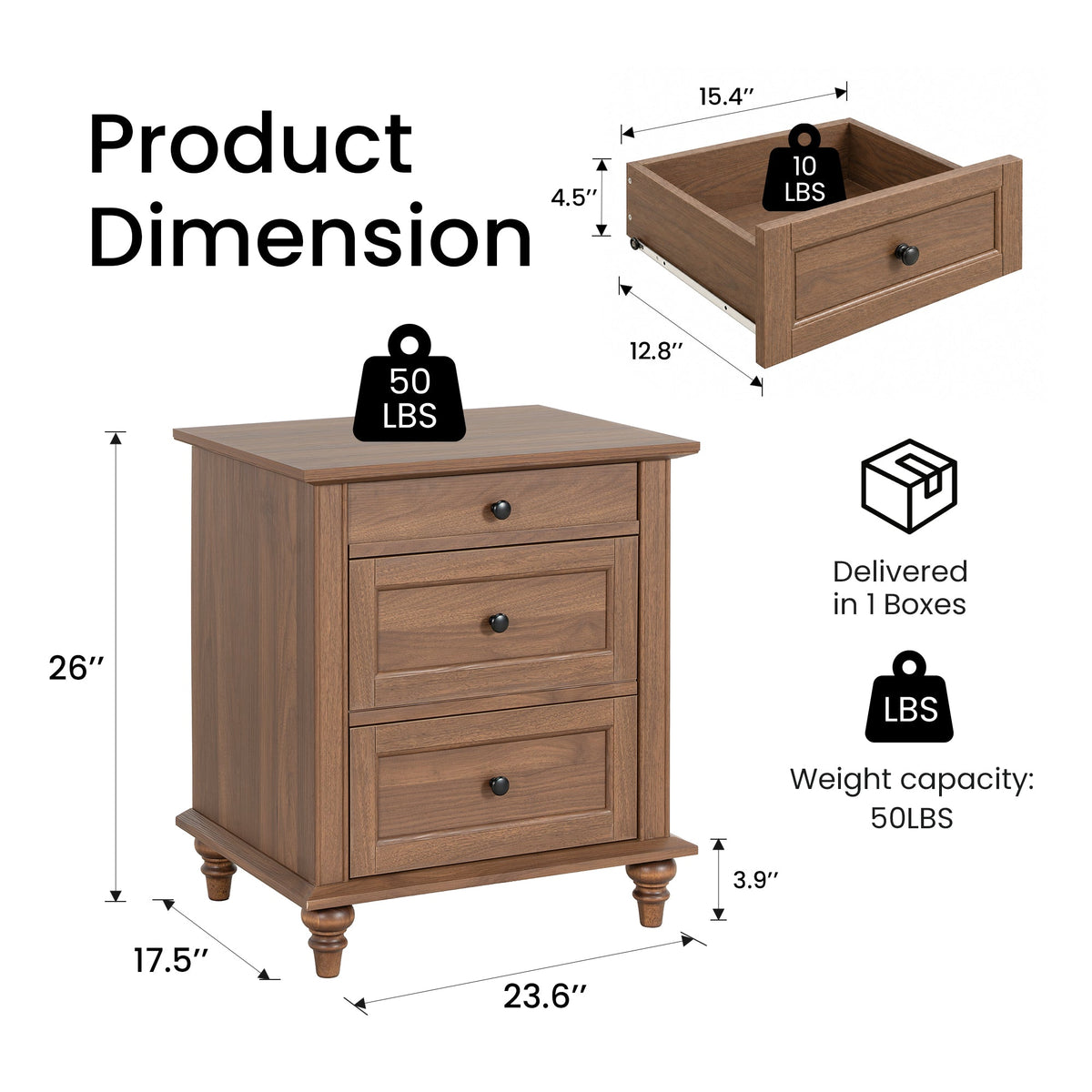 Traditional 3-Drawer Nightstand with Solid Wood Legs, Quick Assembly