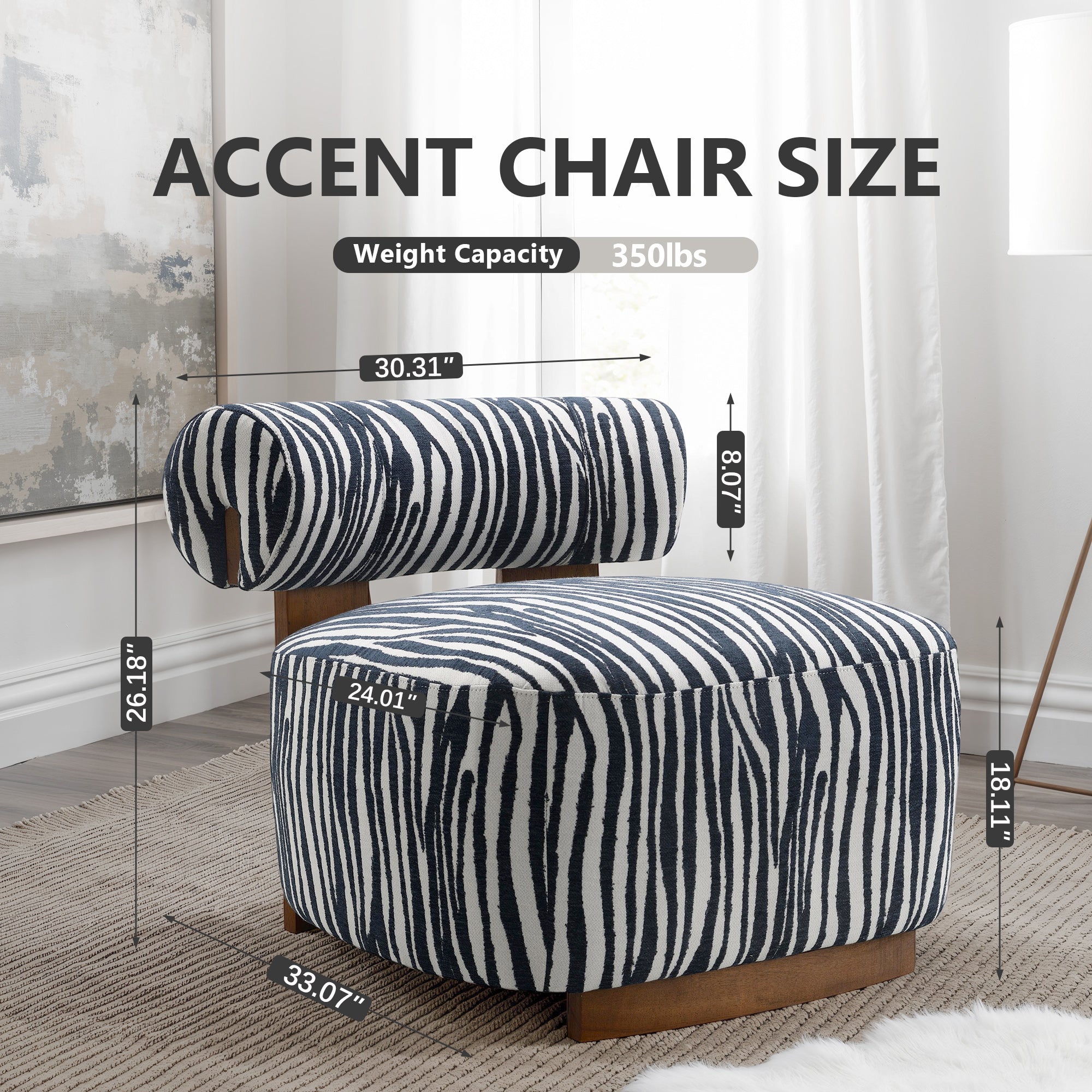 Contemporary Zebra-Stripe Chenille Accent Chair – Sculptural Cylindrical Backrest
