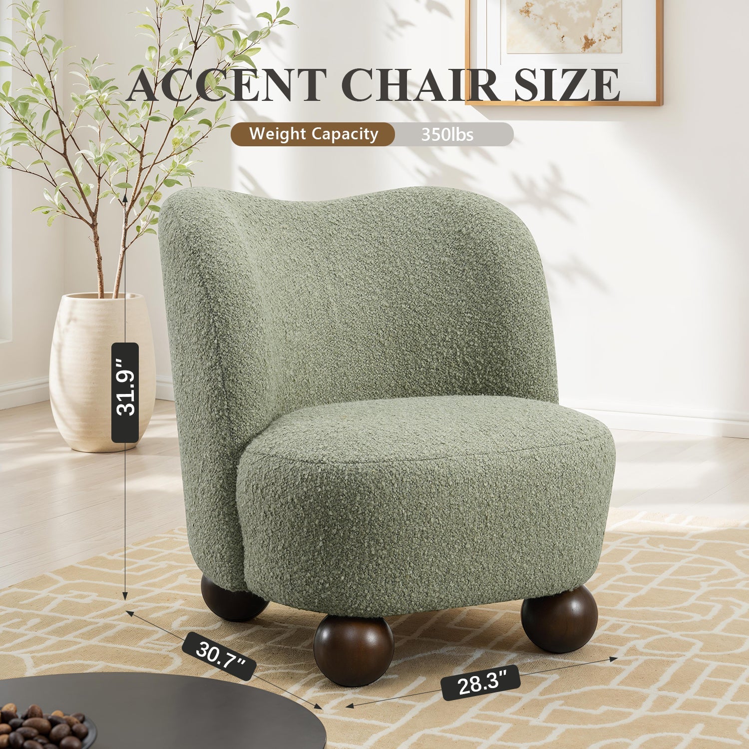 Contemporary Boucle Accent Chair – Sculptural Wood Ball Feet, Wide Seat