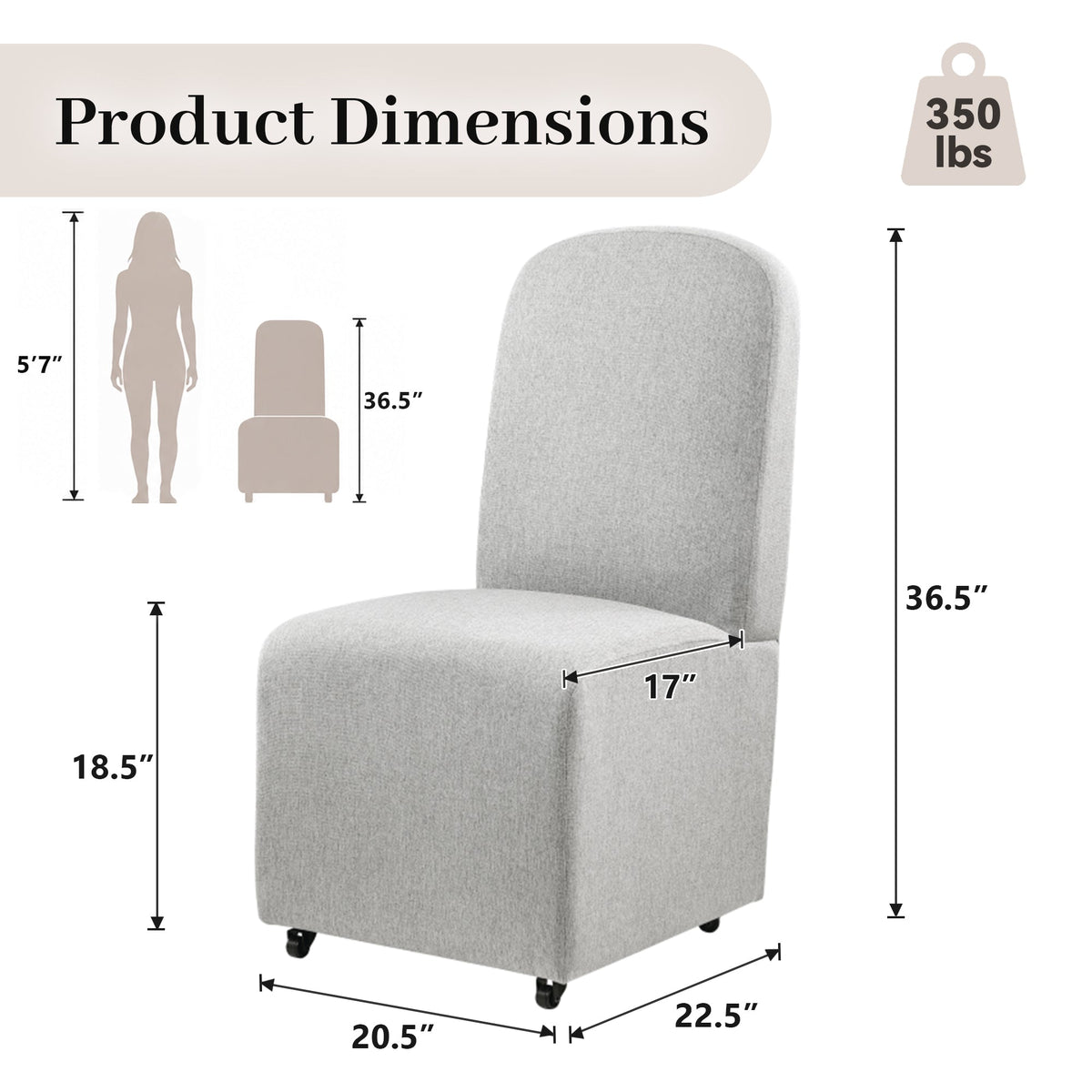 French Farmhouse Upholstered Dining Chair with Rounded Back, Caster Legs & Skirted Design
