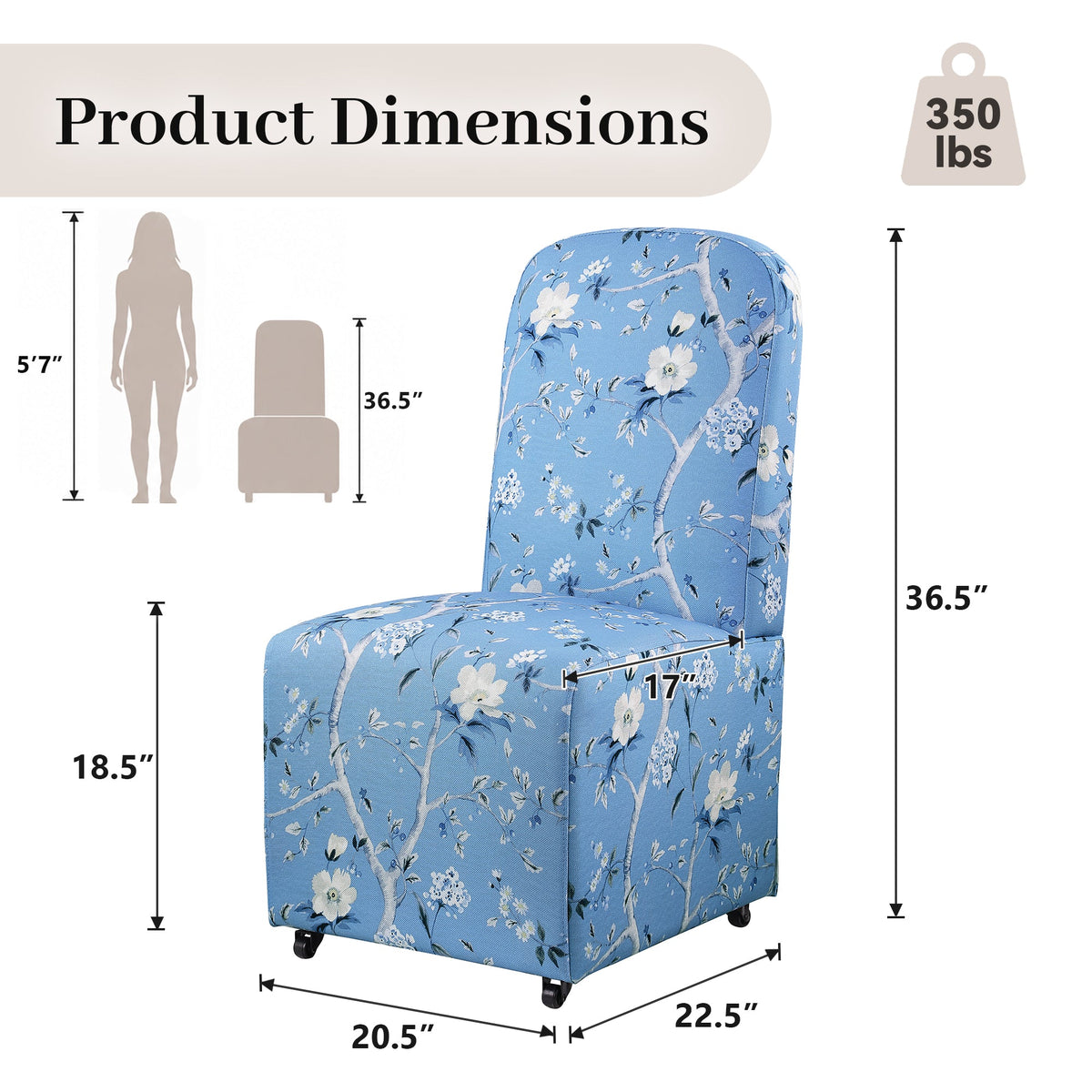 French Farmhouse Upholstered Dining Chair with Rounded Back, Caster Legs & Skirted Design