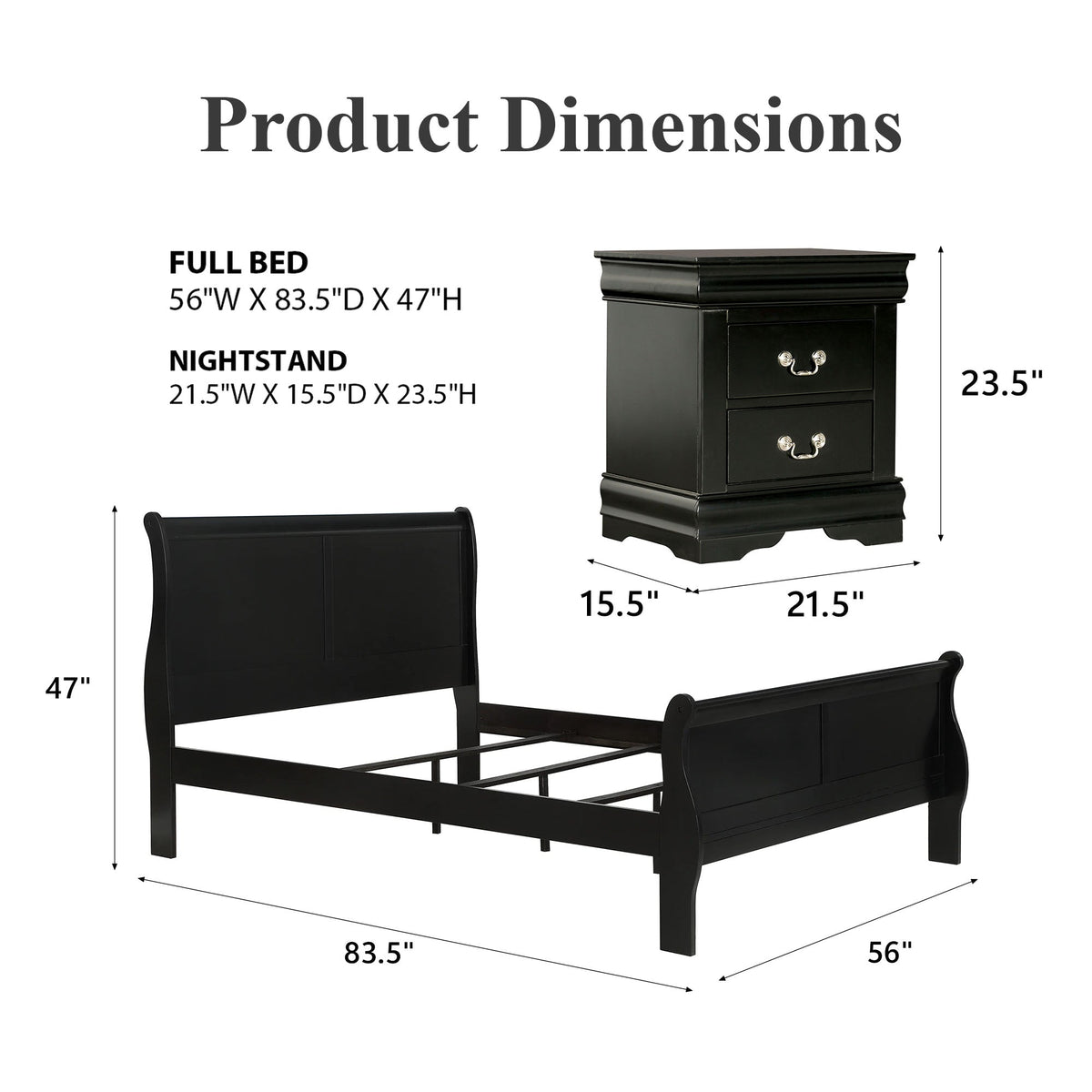 3-Piece Transitional Sleigh Bedroom Set with Solid Wood Bed & 2 Nightstands | Timeless Wood Design