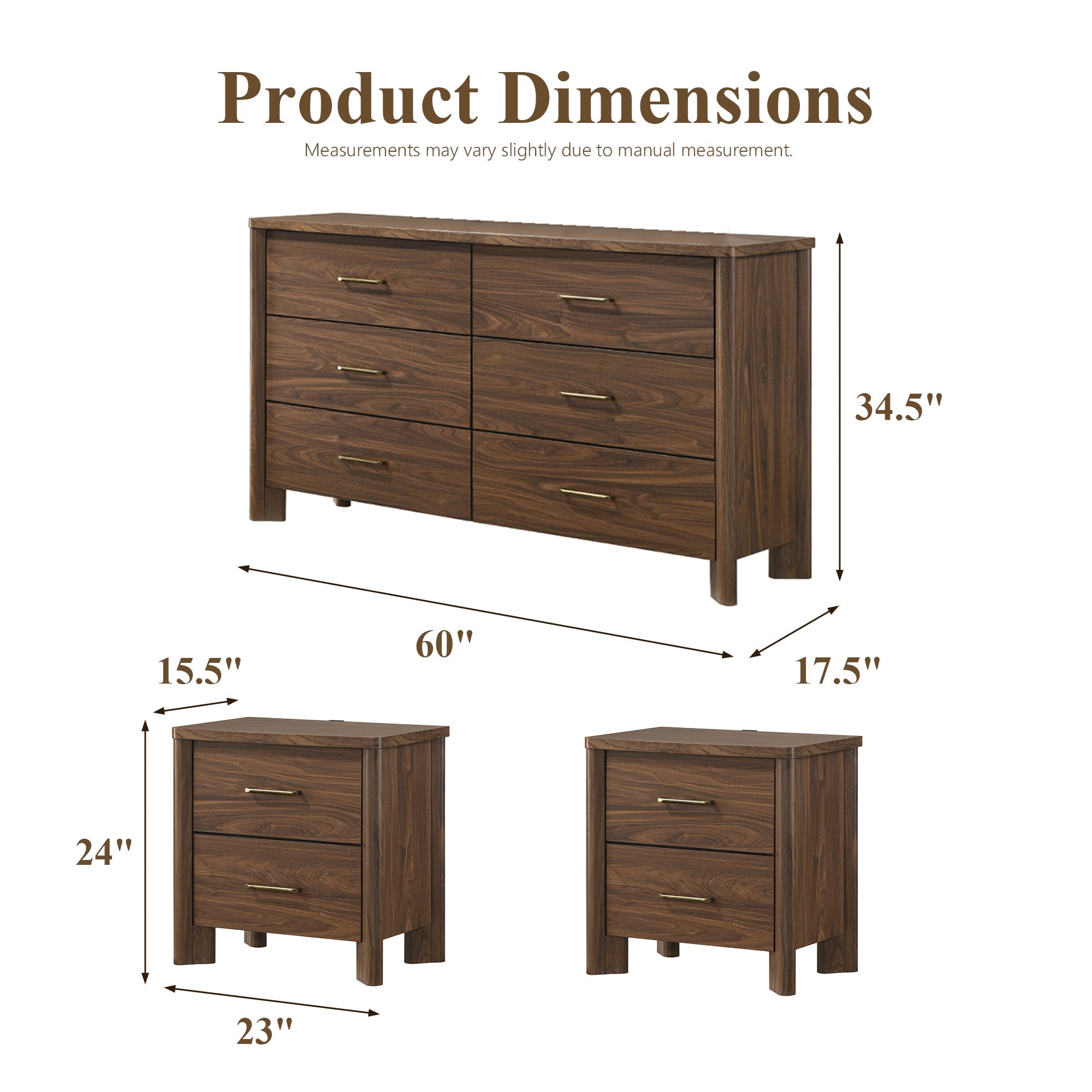 Mid-Century Modern Walnut 3-Piece Bedroom Storage Set with 2 Nightstands & Dresser with Optional Mirror