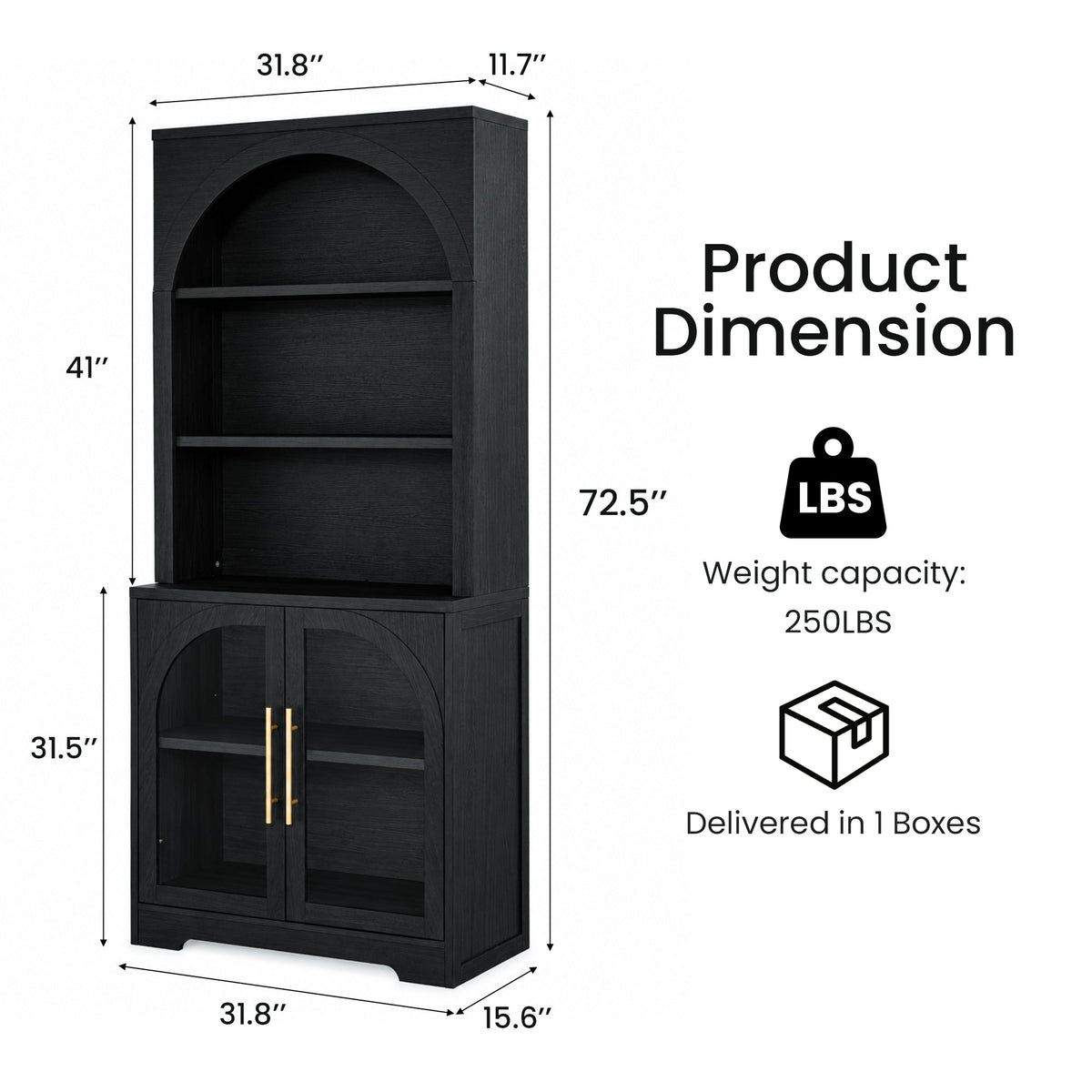 Arched Tempered Glass Door Storage Cabinet, 3-Tier Open Shelf Bookcase Display Cabinet