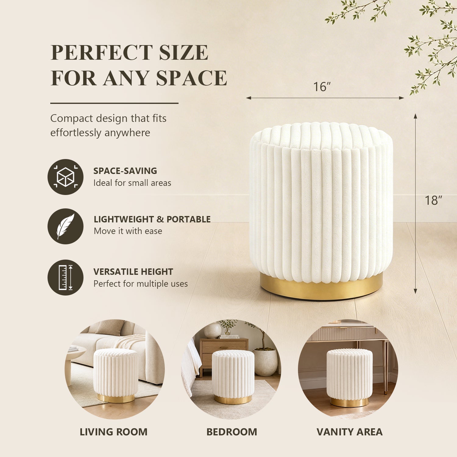 Contemporary Faux Fur Accent Stool with Gold Stainless Steel Base – Fully Assembled