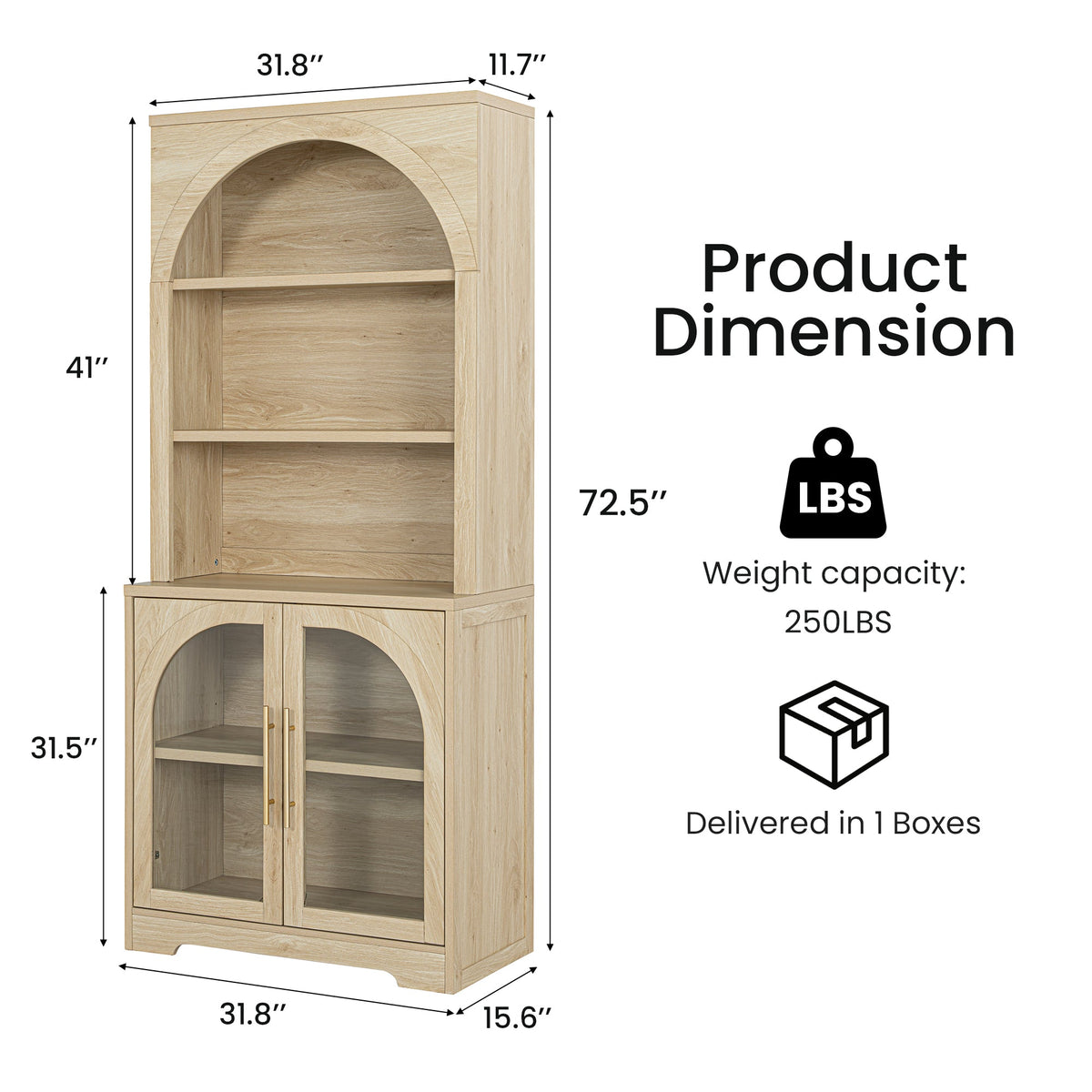 Arched Tempered Glass Door Storage Cabinet, 3-Tier Open Shelf Bookcase Display Cabinet