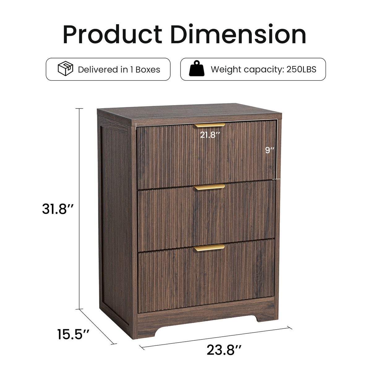Fluted 3 Drawer Nightstand, Modern Wooden Storage Cabinet with Ribbed Drawer Fronts