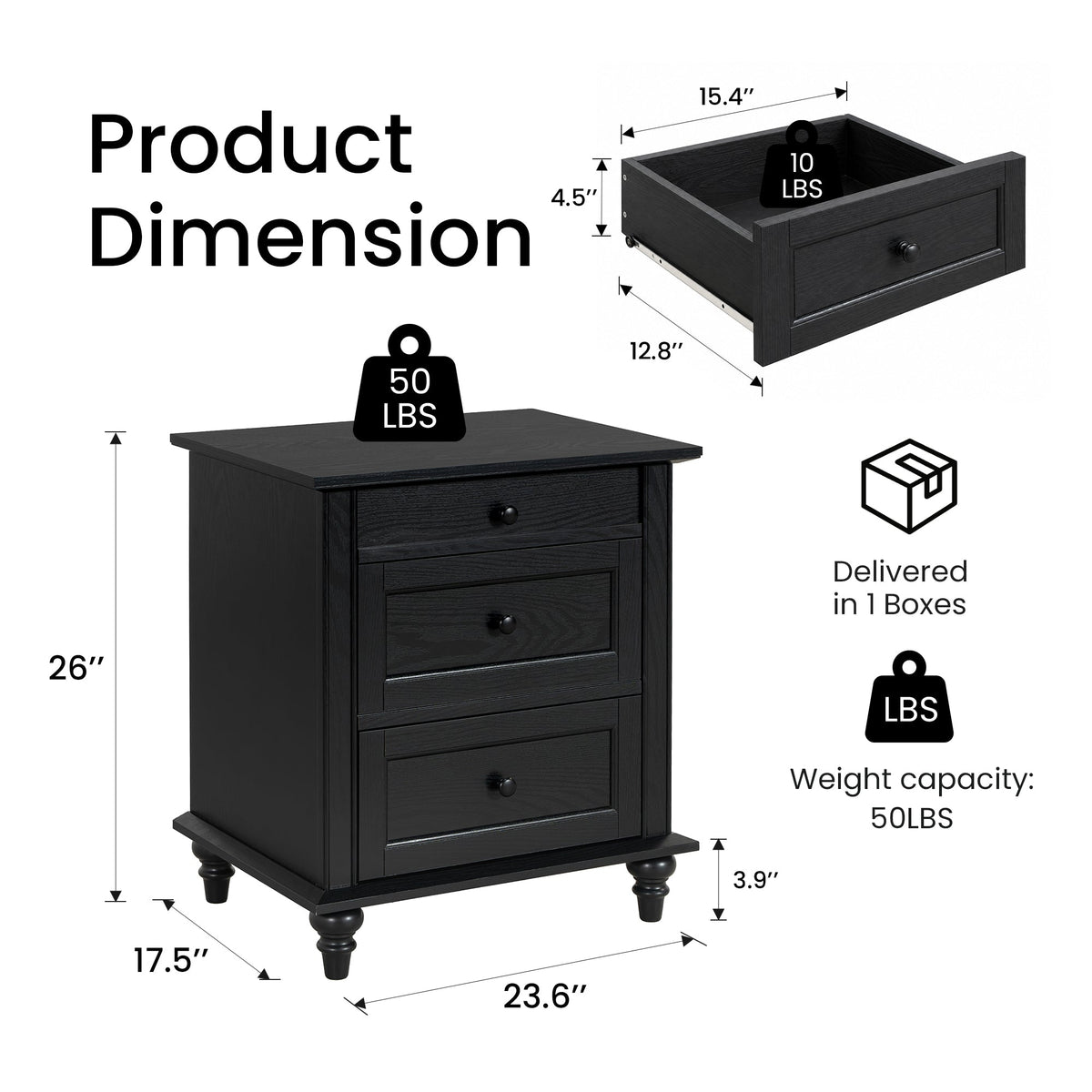 Traditional 3-Drawer Nightstand with Solid Wood Legs, Quick Assembly