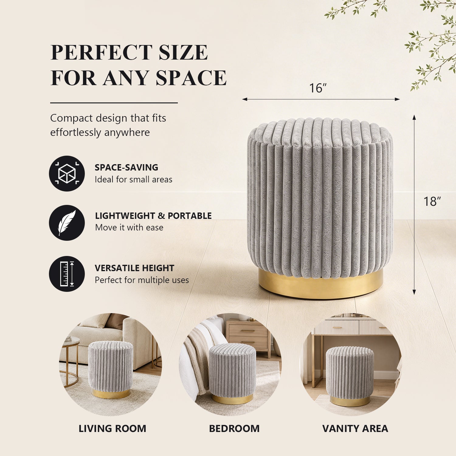 Contemporary Faux Fur Accent Stool with Gold Stainless Steel Base – Fully Assembled