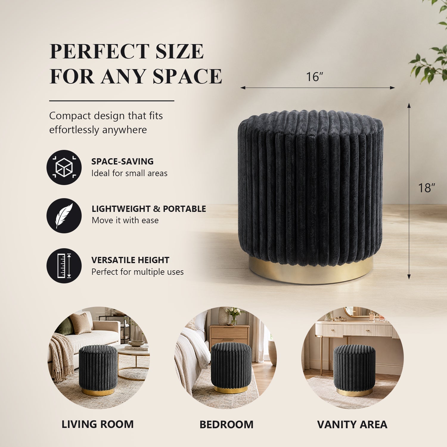 Contemporary Faux Fur Accent Stool with Gold Stainless Steel Base – Fully Assembled