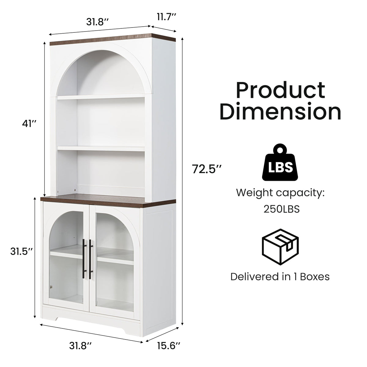 Arched Tempered Glass Door Storage Cabinet, 3-Tier Open Shelf Bookcase Display Cabinet