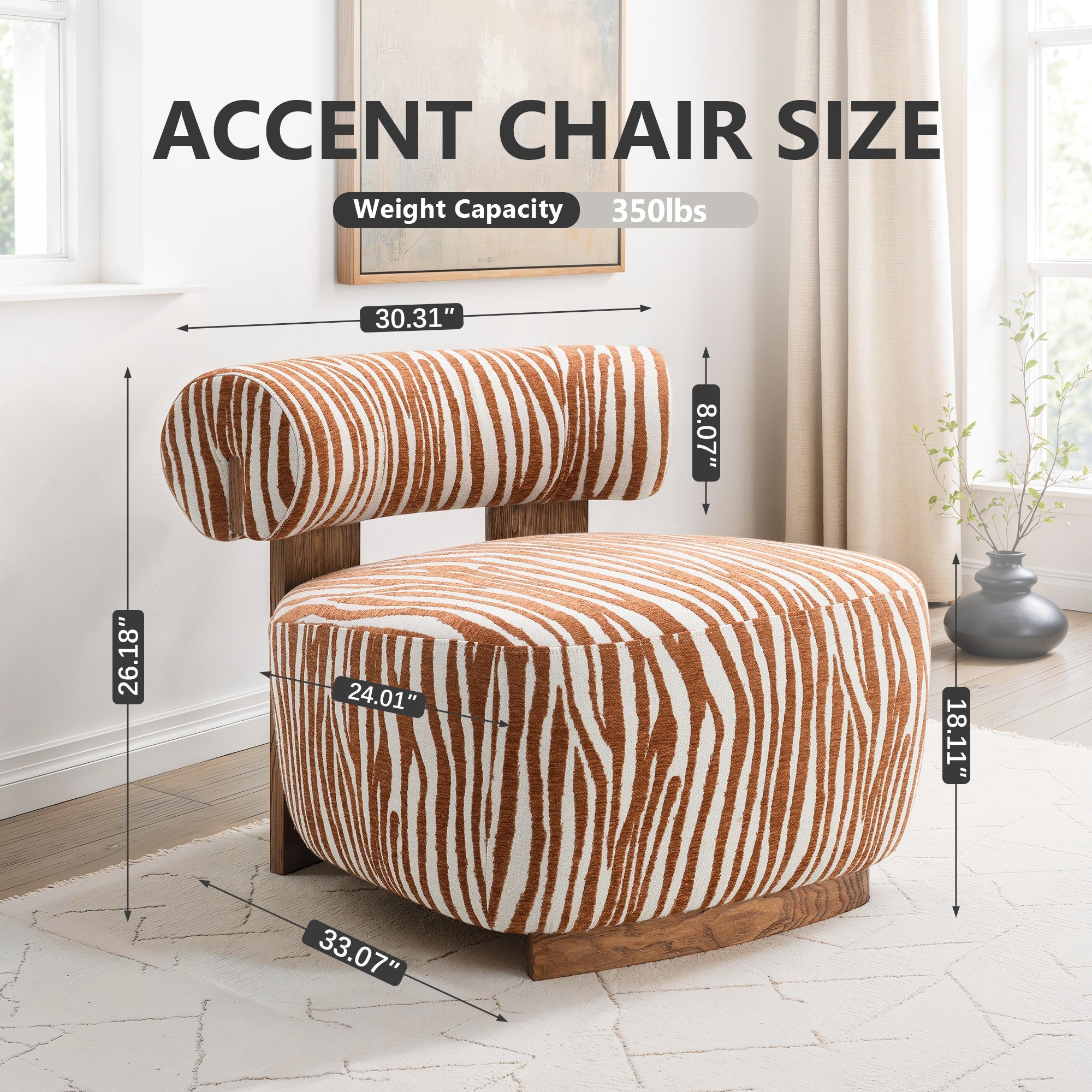 Contemporary Zebra-Stripe Chenille Accent Chair – Sculptural Cylindrical Backrest