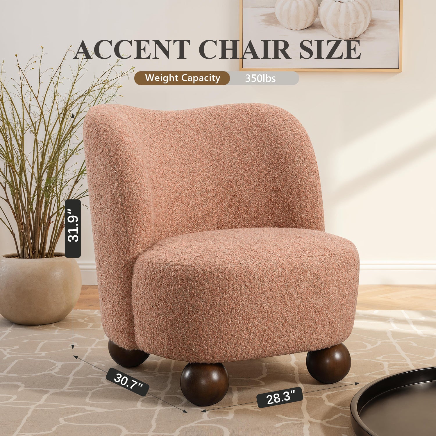 Contemporary Boucle Accent Chair – Sculptural Wood Ball Feet, Wide Seat