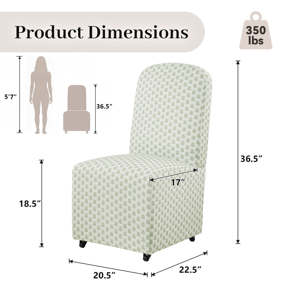 French Farmhouse Upholstered Dining Chair with Rounded Back, Caster Legs & Skirted Design