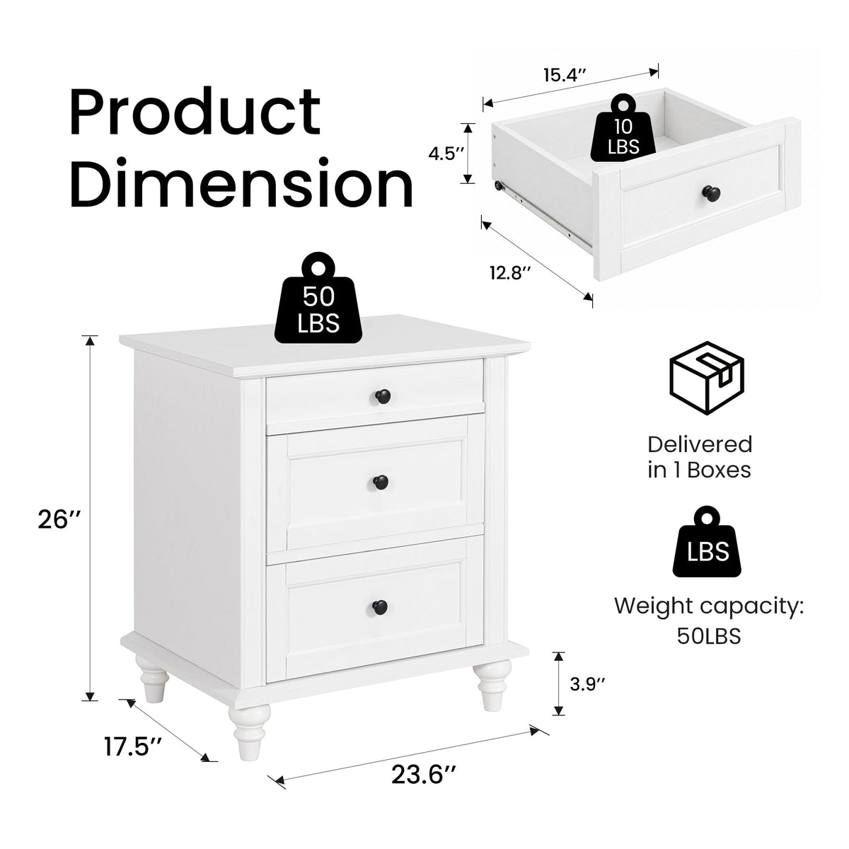 Traditional 3-Drawer Nightstand with Solid Wood Legs, Quick Assembly