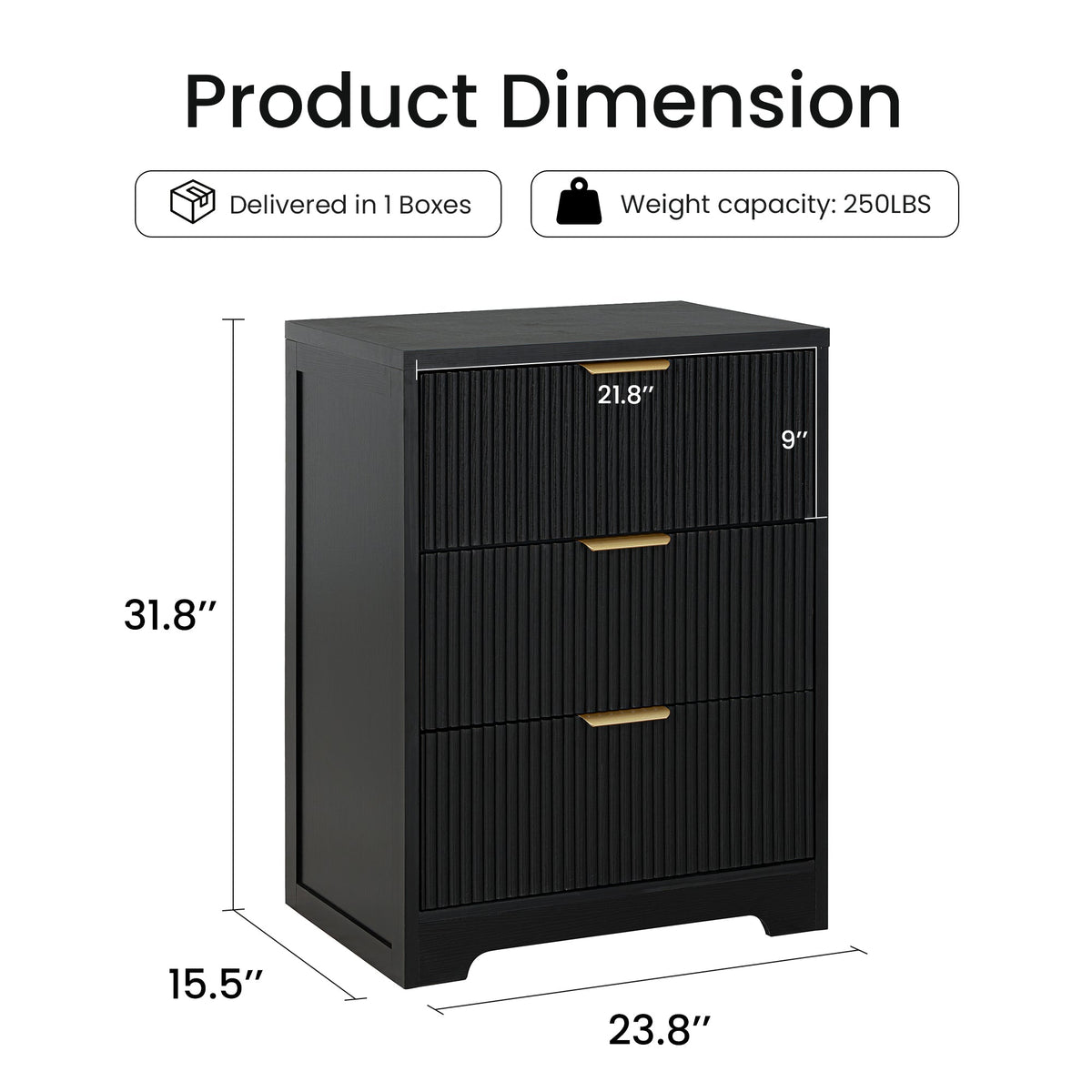 Fluted 3 Drawer Nightstand, Modern Wooden Storage Cabinet with Ribbed Drawer Fronts