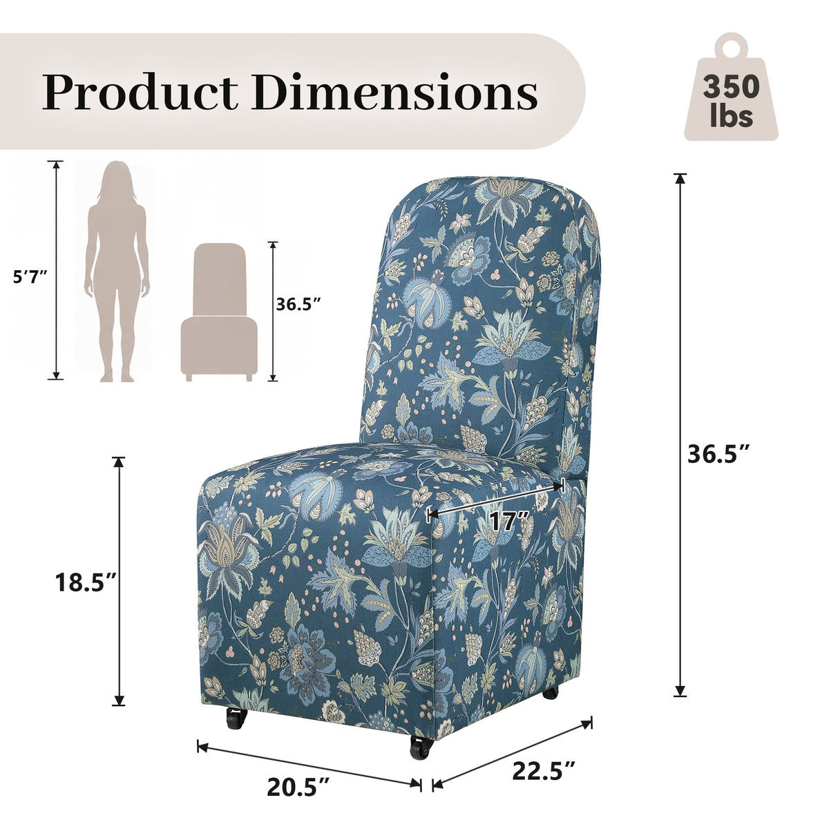 French Farmhouse Upholstered Dining Chair with Rounded Back, Caster Legs & Skirted Design