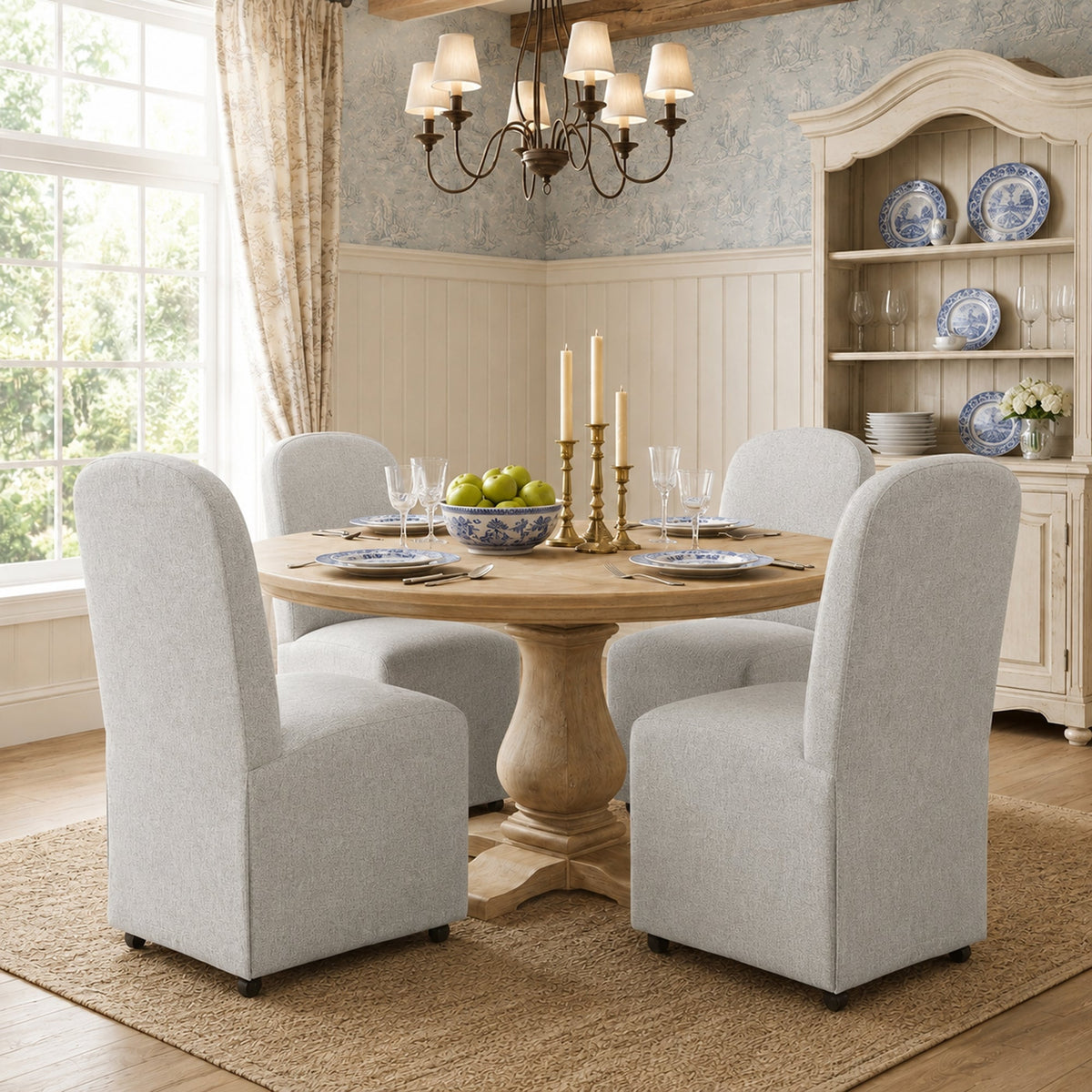 French Farmhouse Upholstered Dining Chair with Rounded Back, Caster Legs & Skirted Design