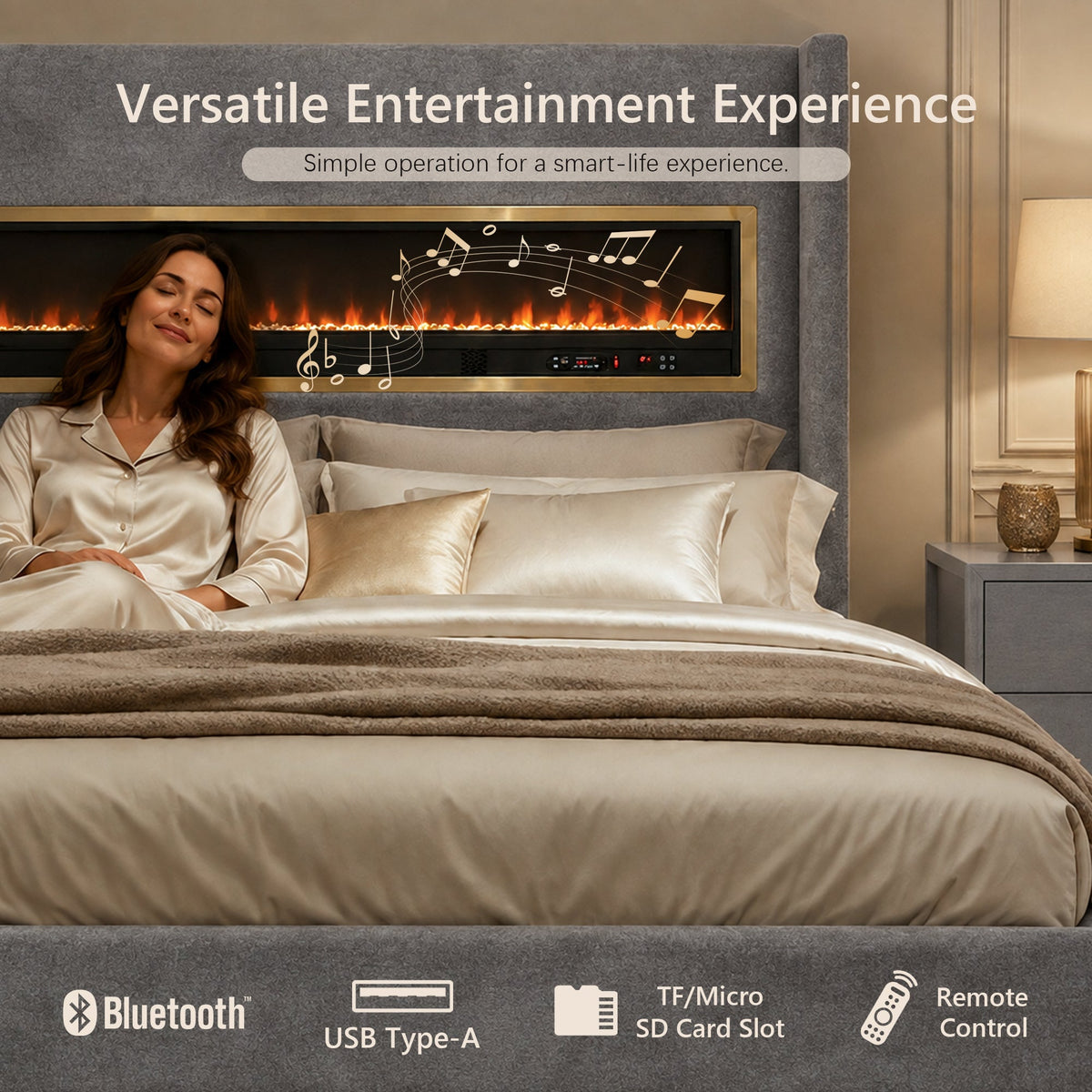 Contemporary Smart Platform Bed with 3D Fireplace LED Headboard, Bluetooth Audio, USB & TF Card Slots, Stainless Steel Frame