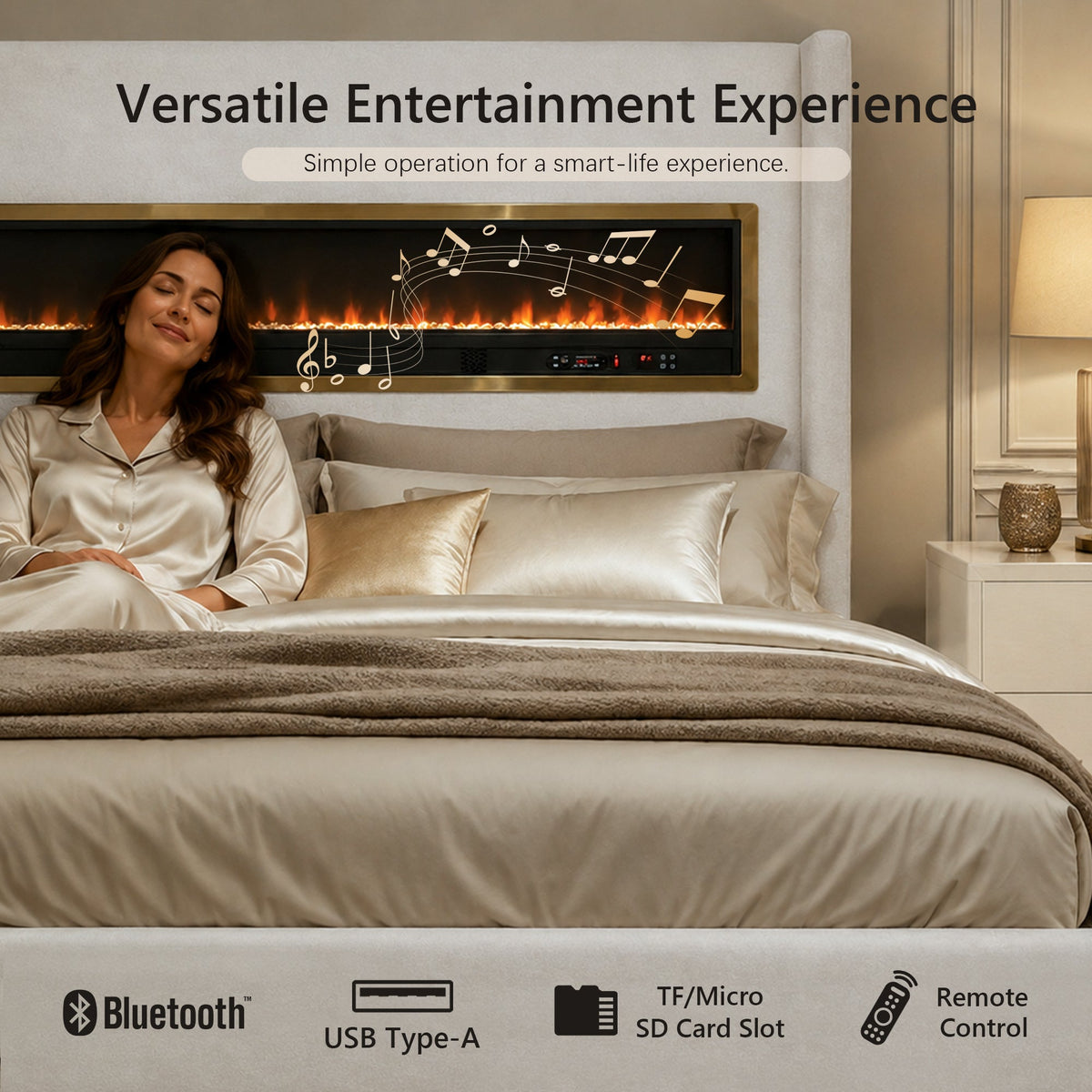Contemporary Smart Platform Bed with 3D Fireplace LED Headboard, Bluetooth Audio, USB & TF Card Slots, Stainless Steel Frame