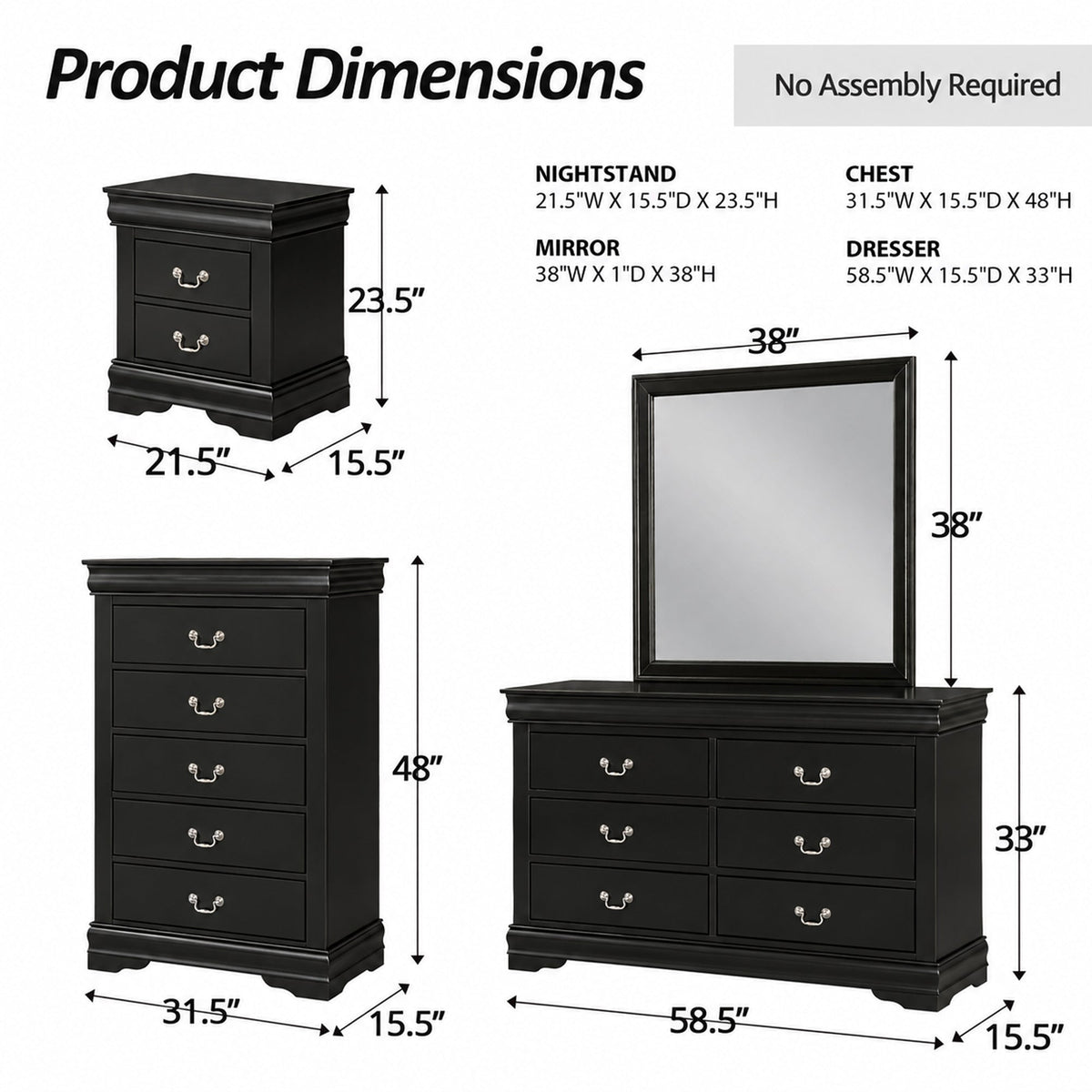4-Piece Transitional Sleigh Bedroom Set with Solid Wood Bed, Nightstand, Chest & Dresser (Mirror Optional)