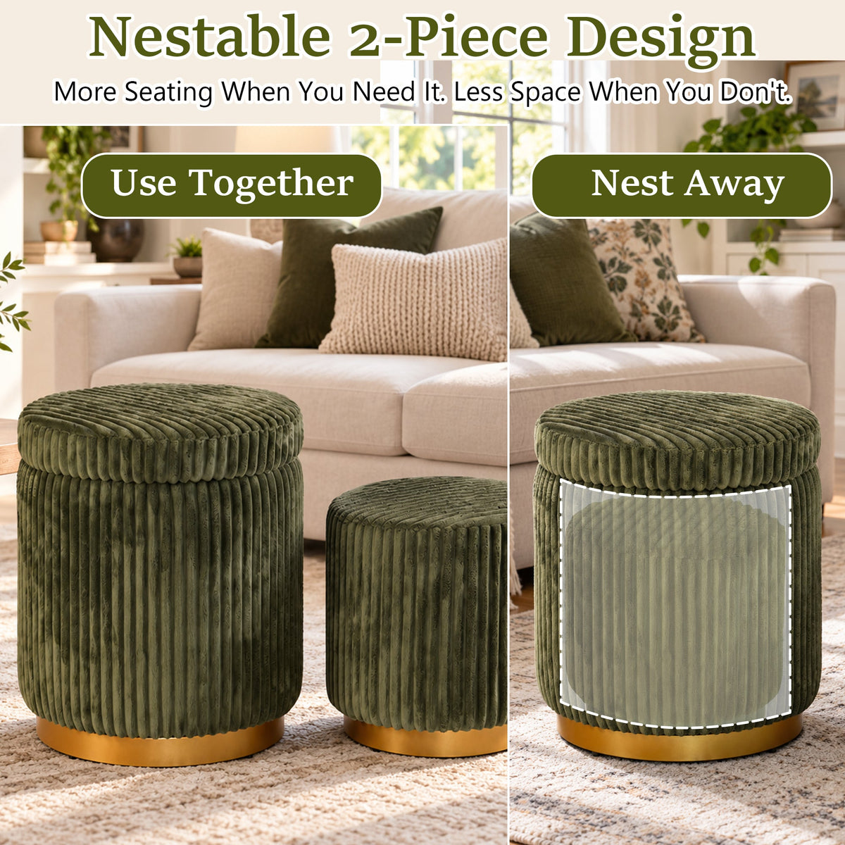 Nestable 2-Piece Storage Stool Set with 360° Swivel Base & Reversible Lid