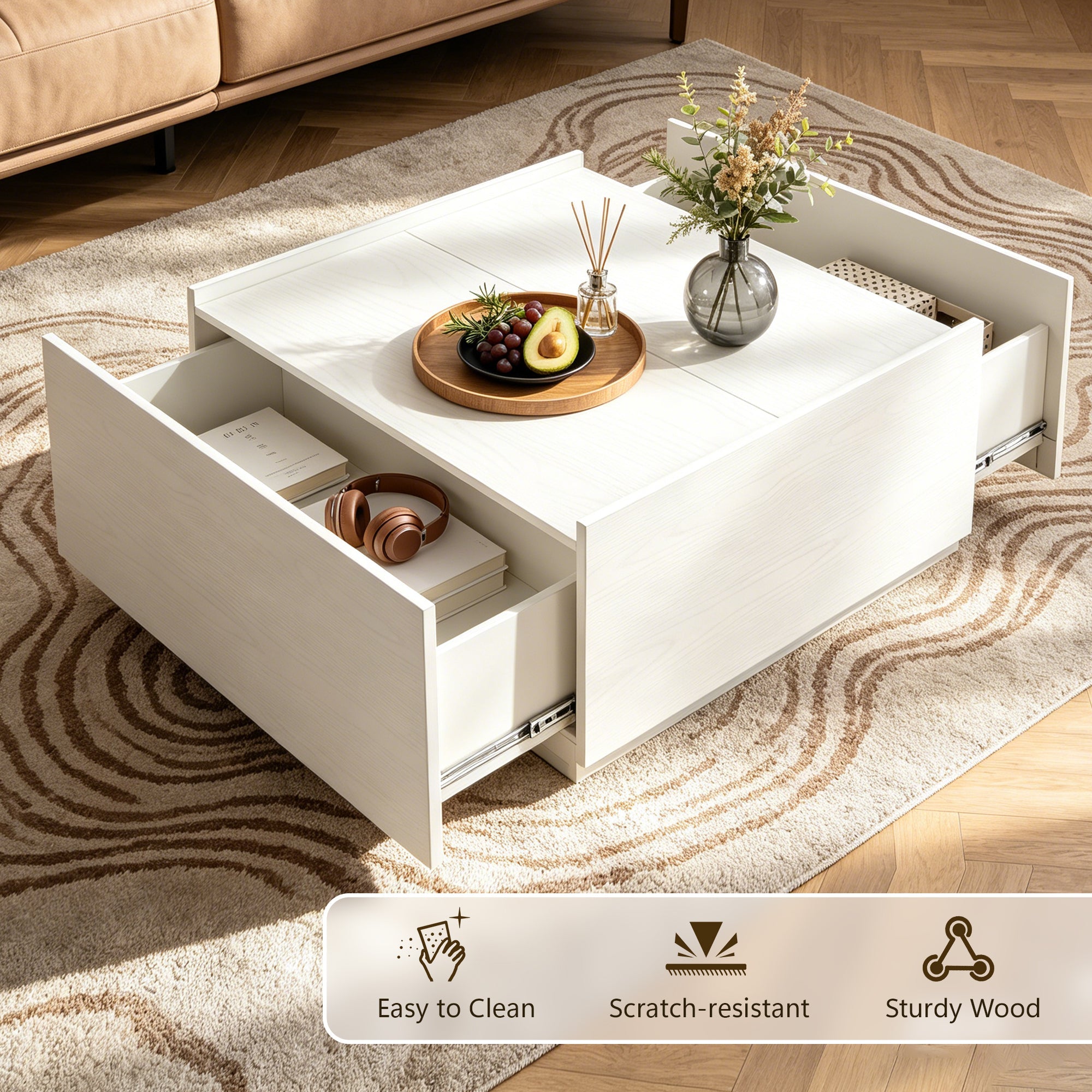 Transitional Coffee Table with Dual Storage Drawers – Modern Wood Look Living Room Table