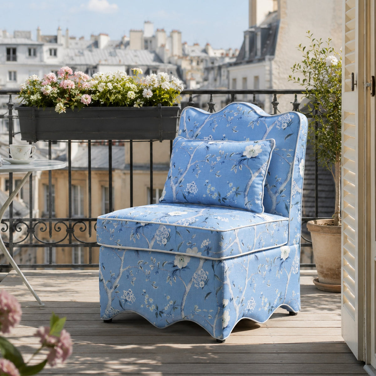 French Farmhouse Accent Chair with Scalloped Back & Upholstered Seat