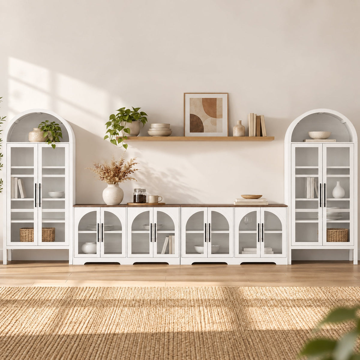 Rustic 4-Piece Arched TV Stand & Storage Cabinet Set – Two 55" Sideboard Buffet Cabinets & Two 72" Tall Display Cabinets with Glass Doors