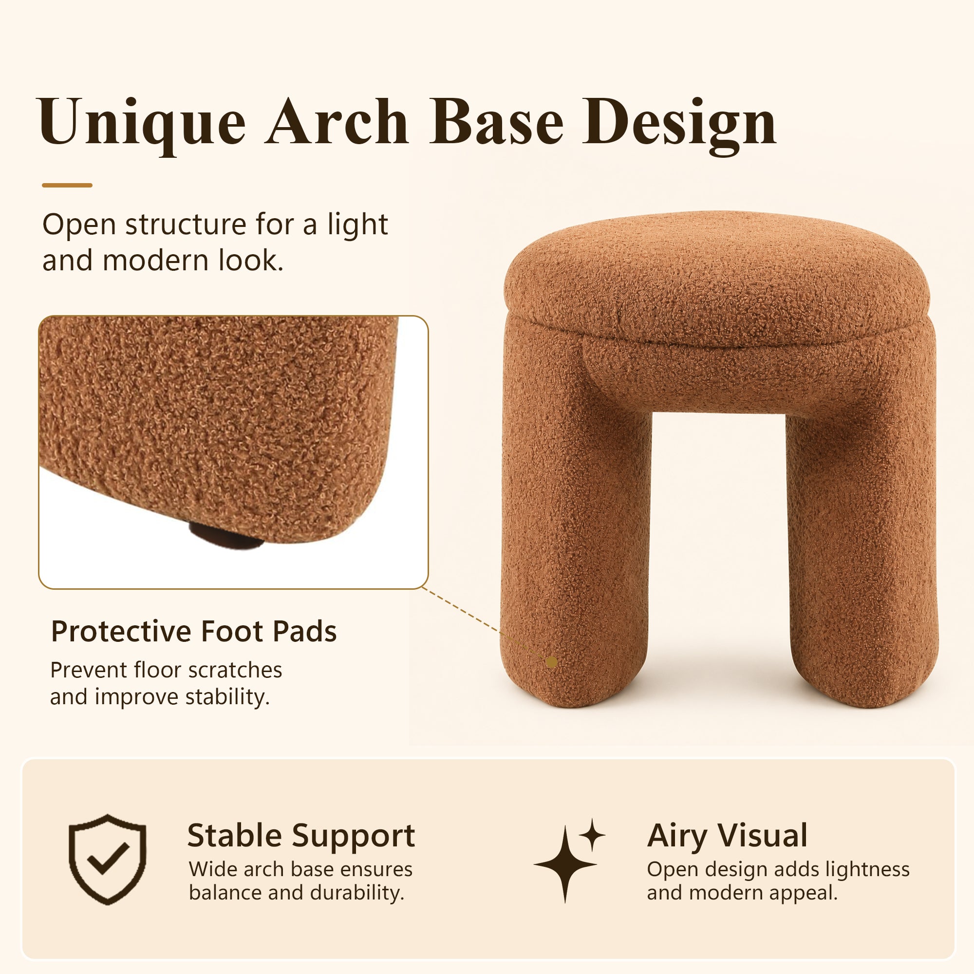 Contemporary Teddy Bouclé Accent Stool with Solid Wood Frame – Fully Assembled