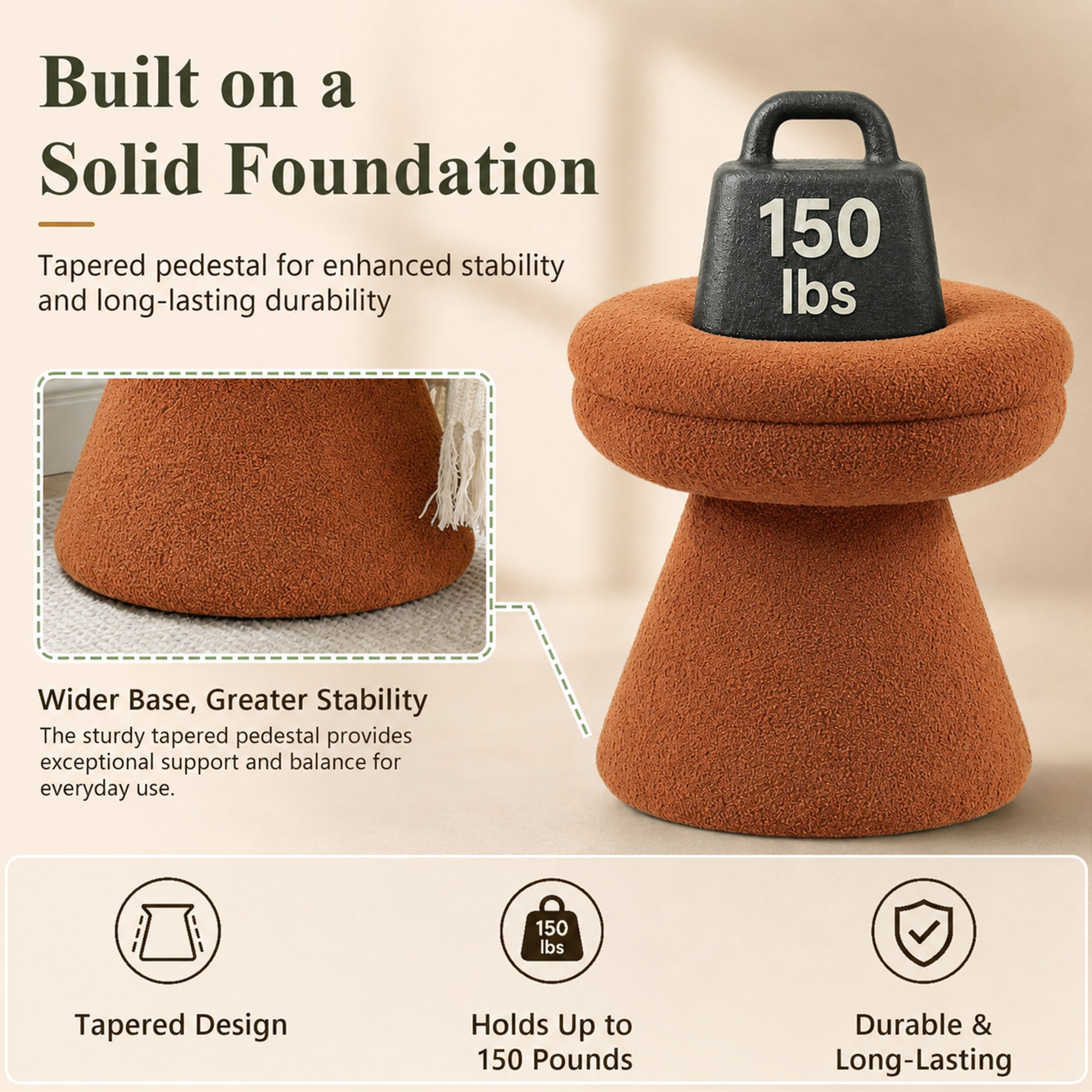Contemporary Teddy Accent Stool with Mushroom Silhouette & Pedestal Base – Fully Assembled