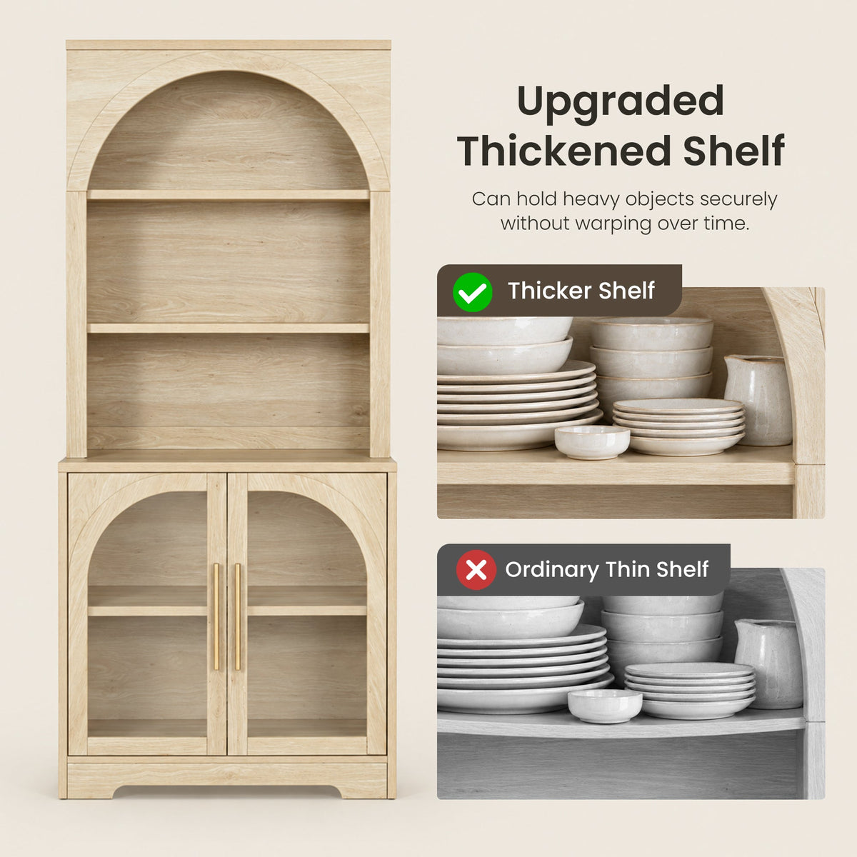 Arched Tempered Glass Door Storage Cabinet, 3-Tier Open Shelf Bookcase Display Cabinet