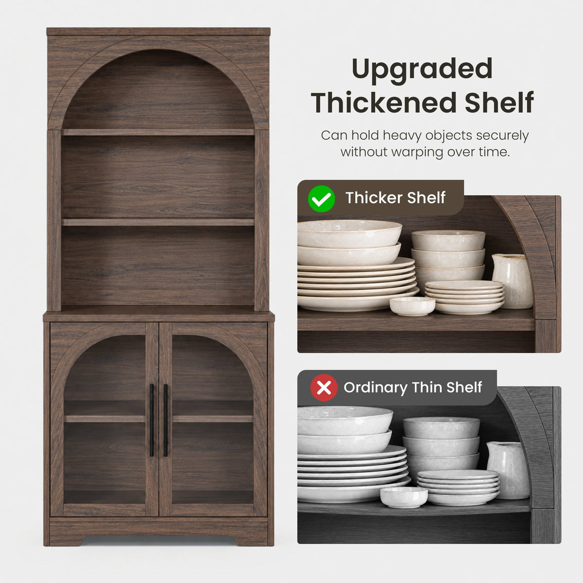Arched Tempered Glass Door Storage Cabinet, 3-Tier Open Shelf Bookcase Display Cabinet