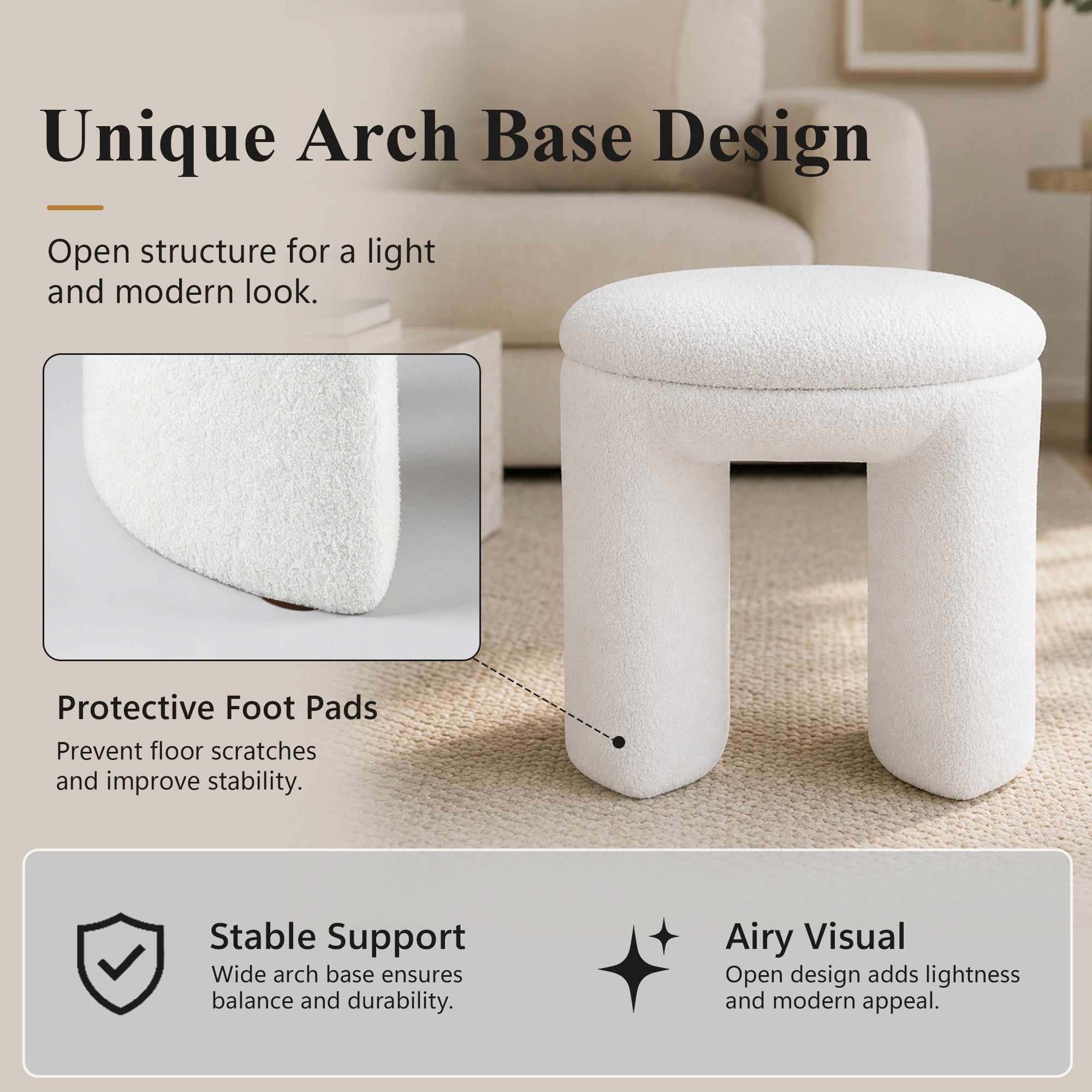 Contemporary Teddy Bouclé Accent Stool with Solid Wood Frame – Fully Assembled