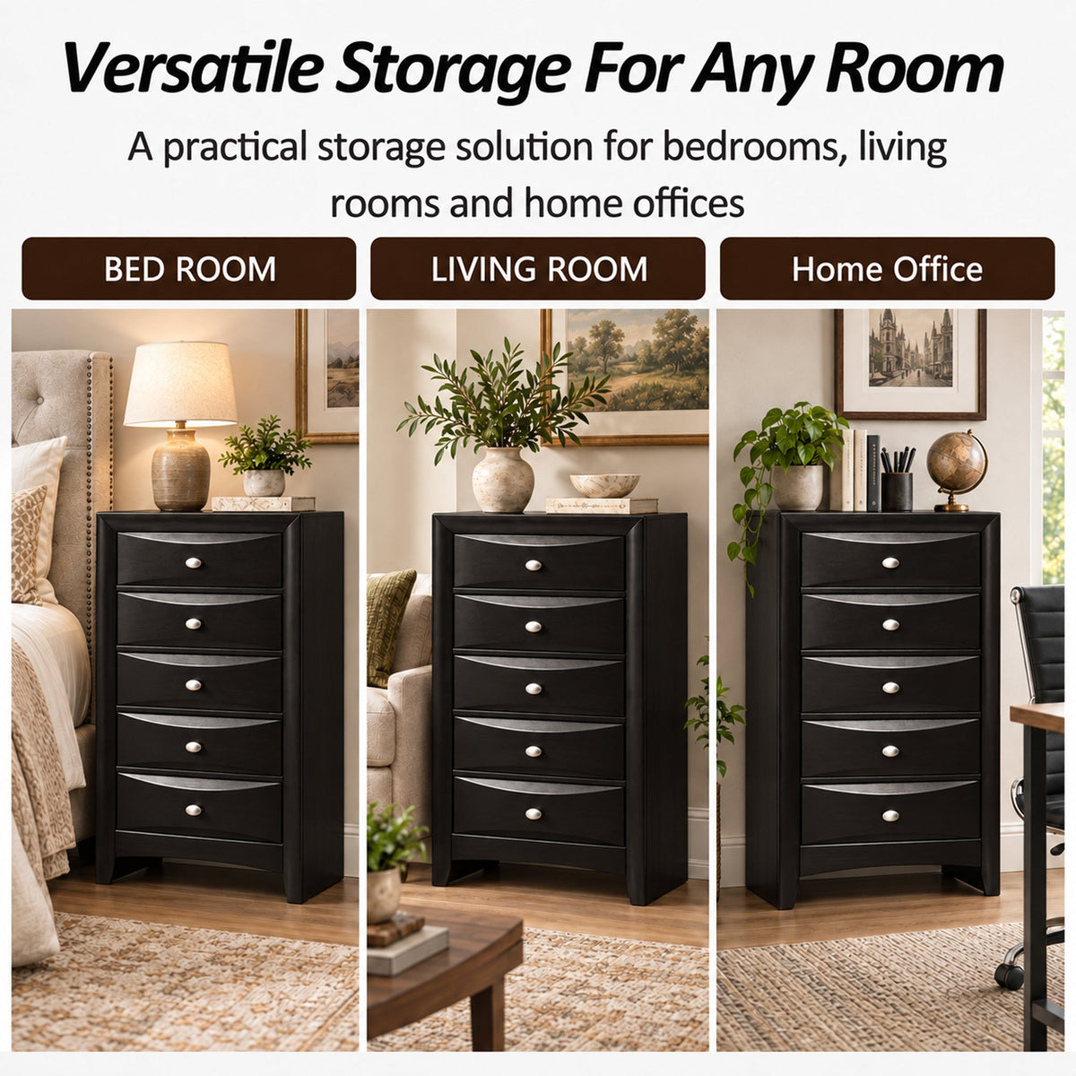 Transitional 5-Drawer Chest with Solid Wood Construction – No Assembly Required