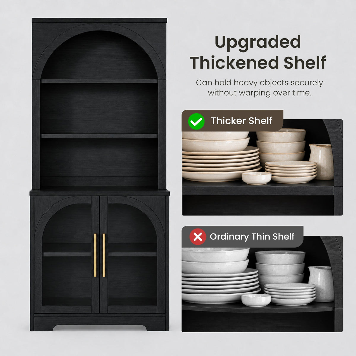 Arched Tempered Glass Door Storage Cabinet, 3-Tier Open Shelf Bookcase Display Cabinet