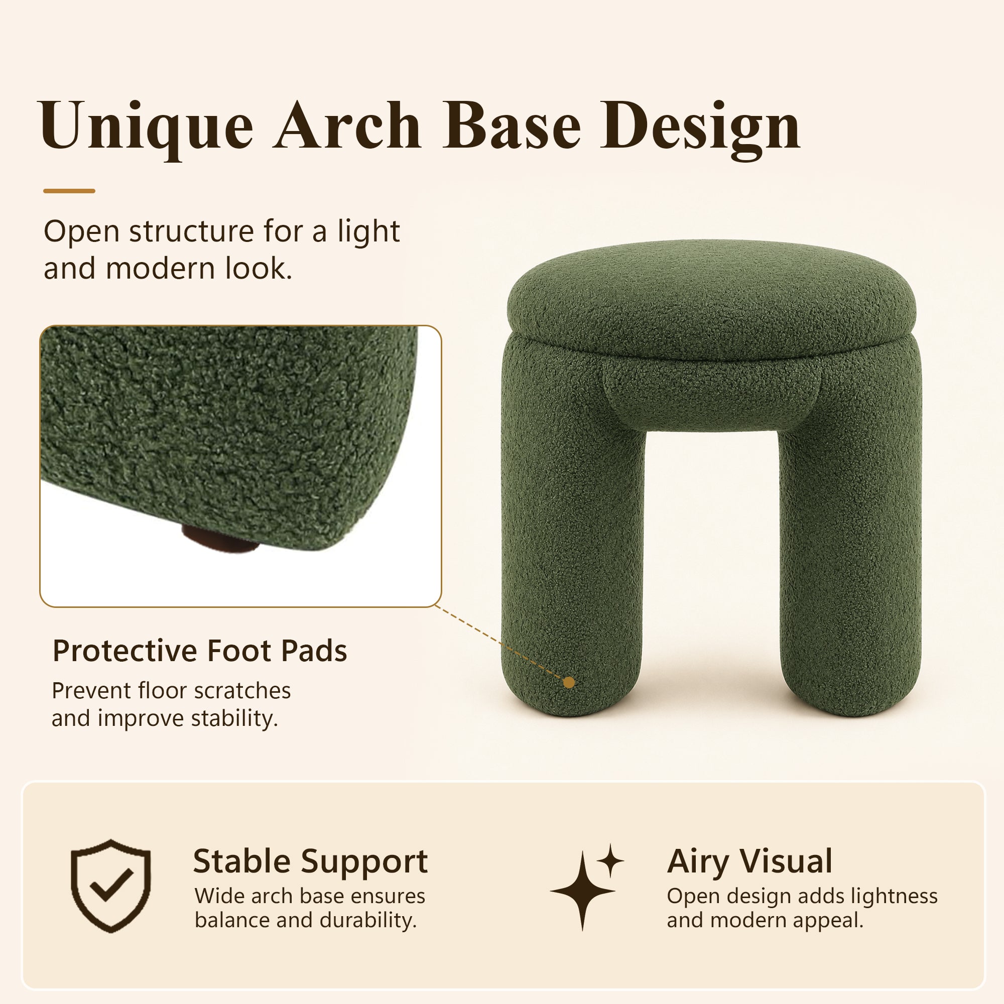 Contemporary Teddy Bouclé Accent Stool with Solid Wood Frame – Fully Assembled