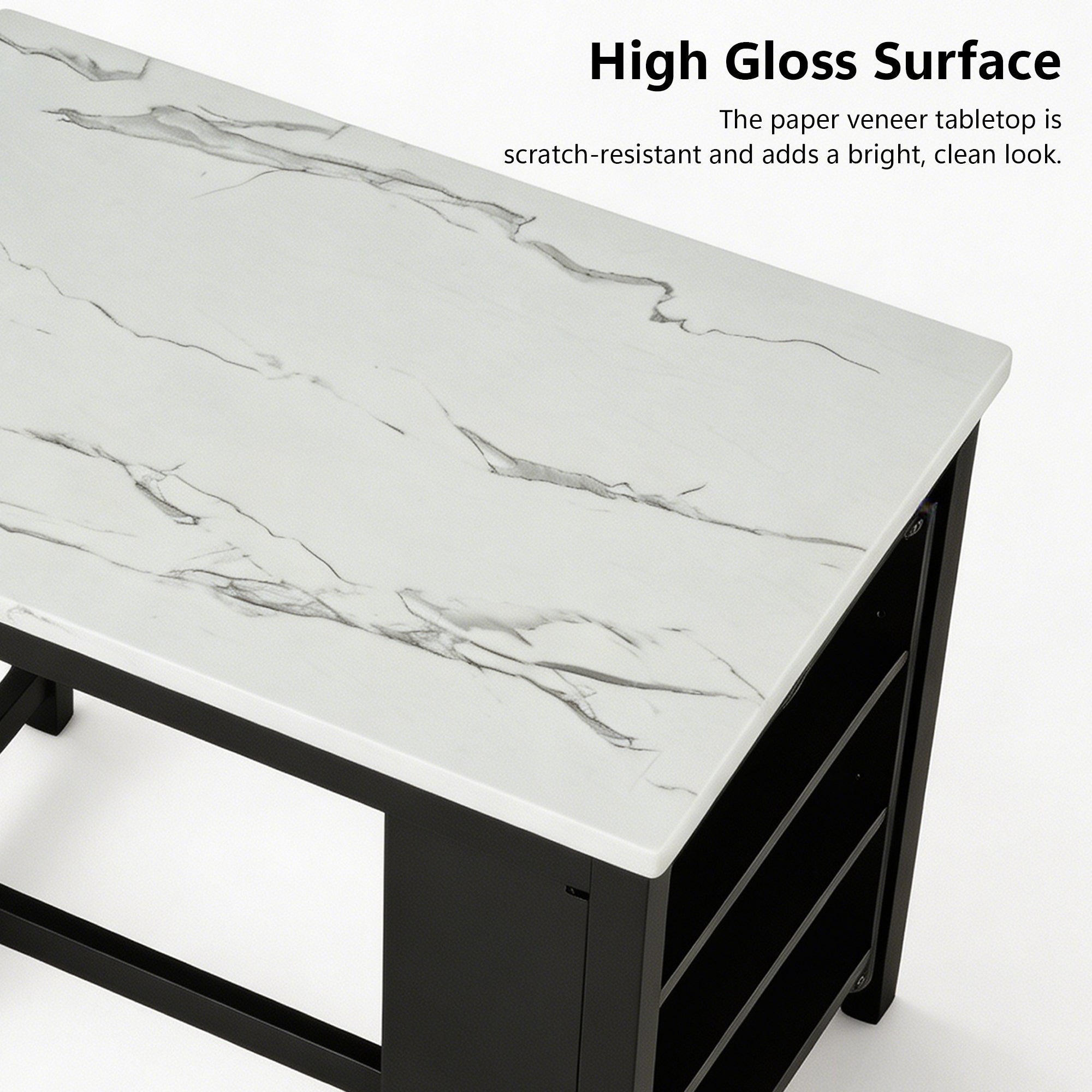 3-Piece Dining Set with USB Charging, Storage Shelves & Boucle Stools, High Gloss Kitchen Table for Small Spaces