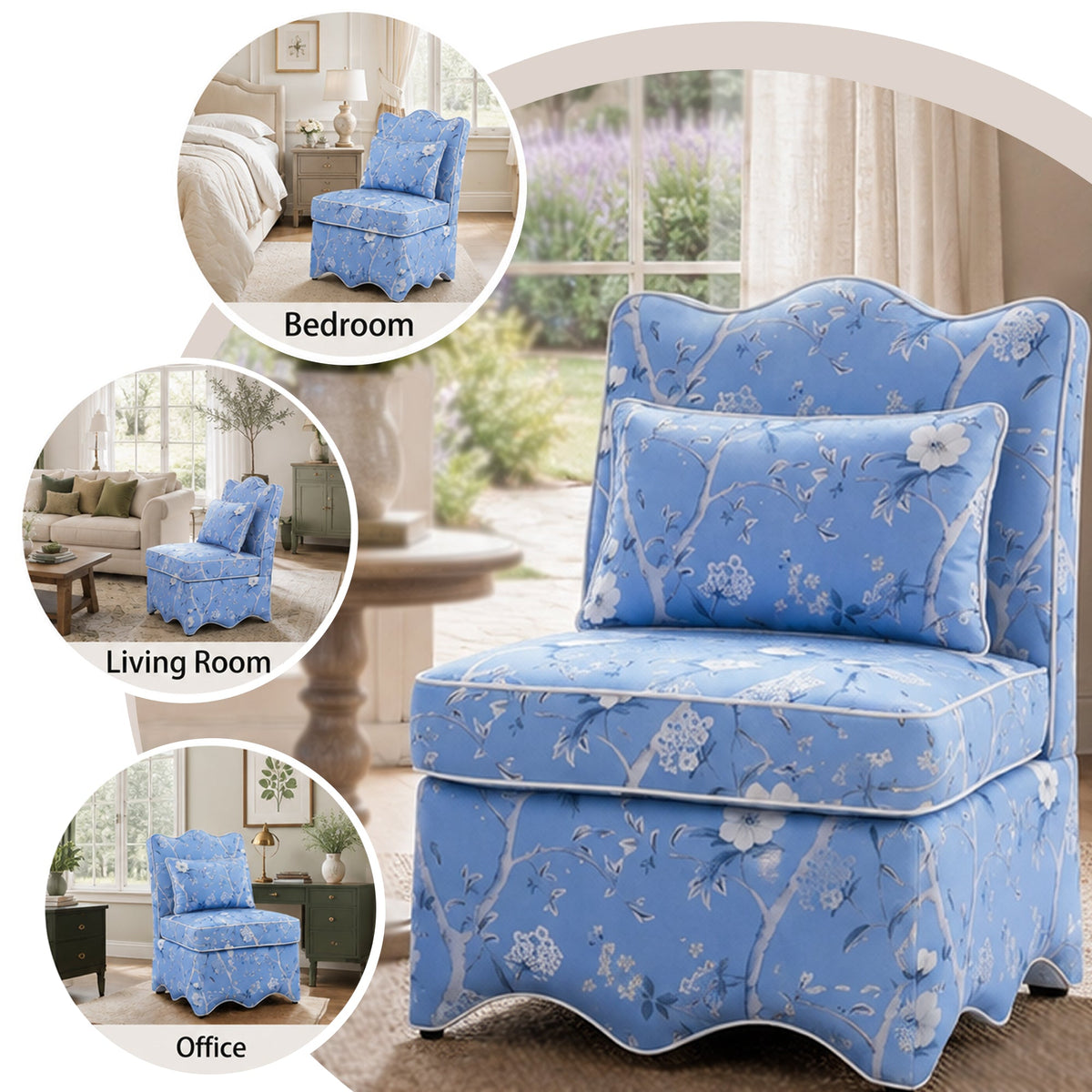 French Farmhouse Accent Chair with Scalloped Back & Upholstered Seat