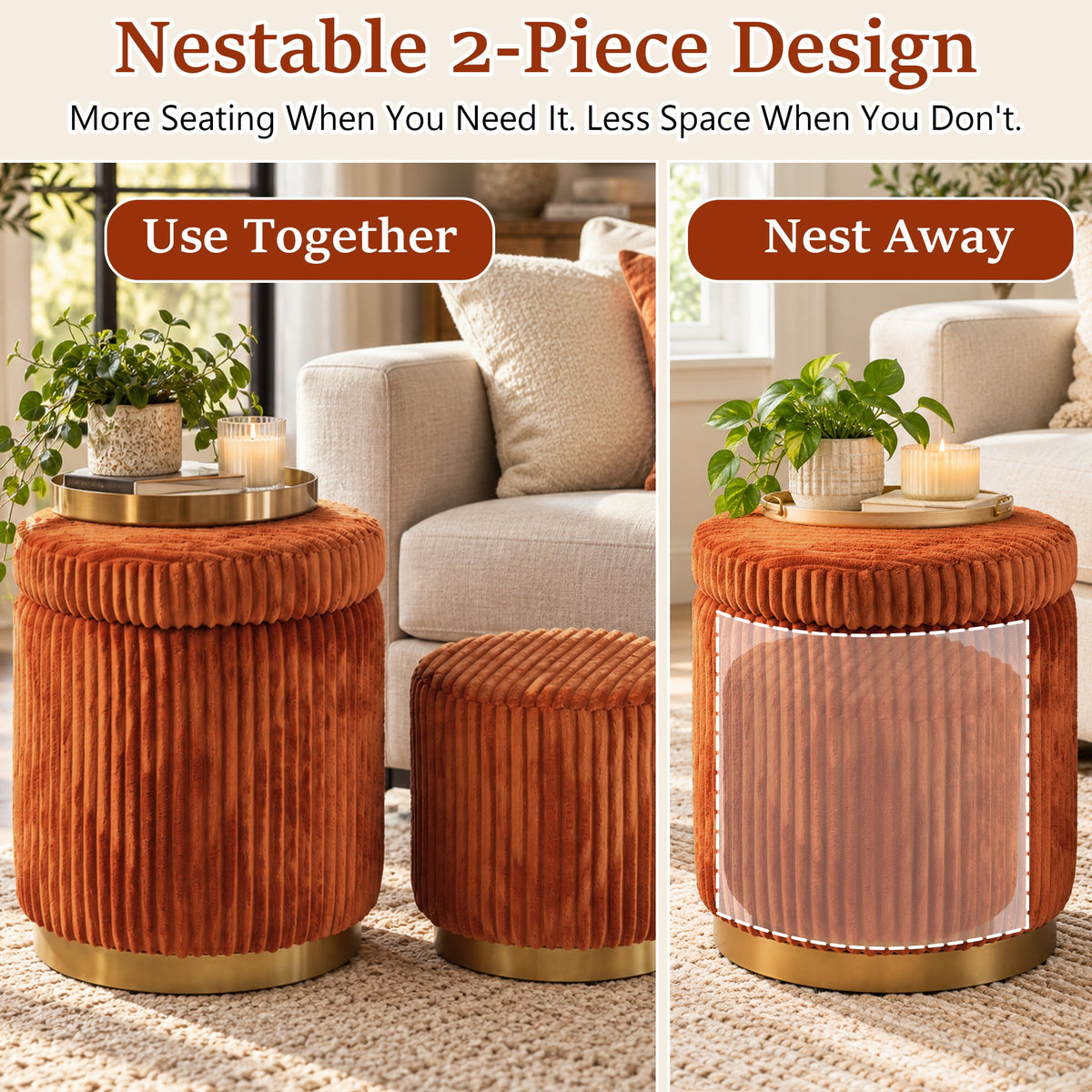 Nestable 2-Piece Storage Stool Set with 360° Swivel Base & Reversible Lid