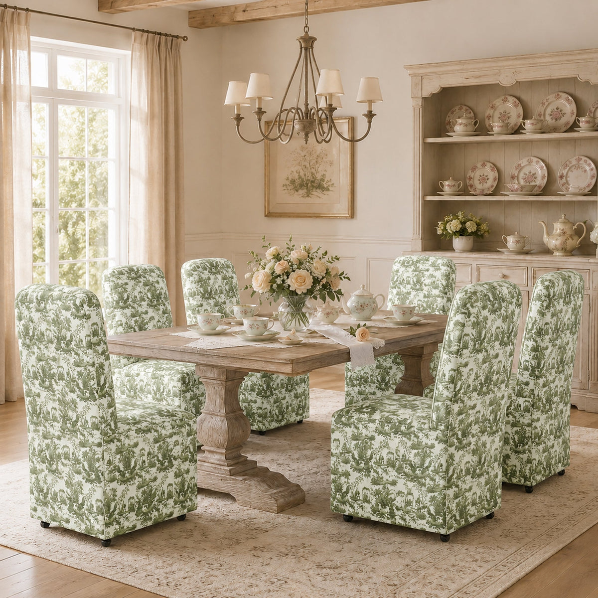 French Farmhouse Upholstered Dining Chair with Rounded Back, Caster Legs & Skirted Design