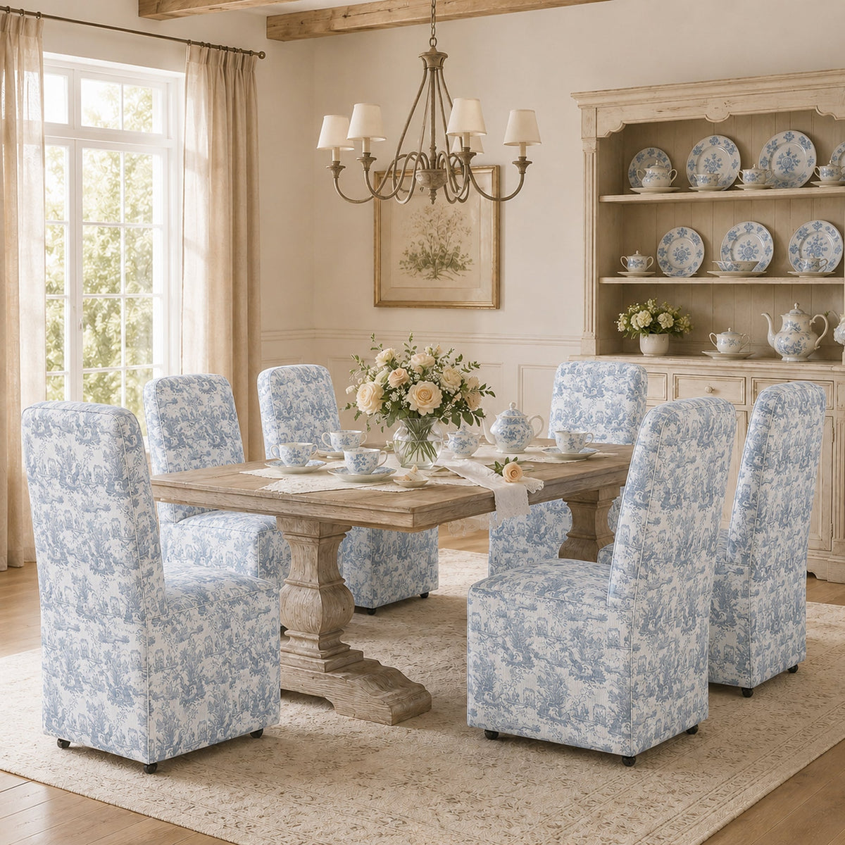 French Farmhouse Upholstered Dining Chair with Rounded Back, Caster Legs & Skirted Design