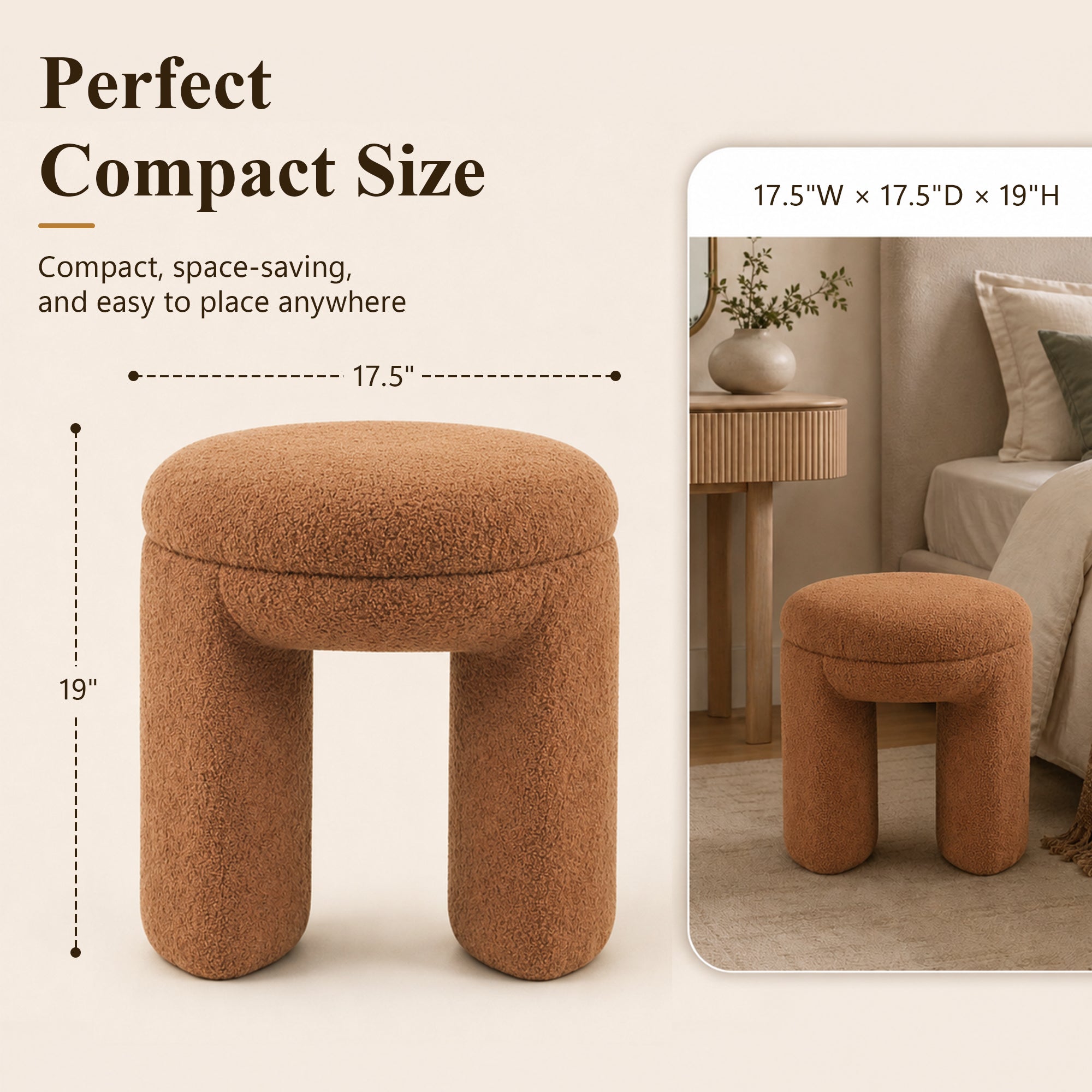 Contemporary Teddy Bouclé Accent Stool with Solid Wood Frame – Fully Assembled