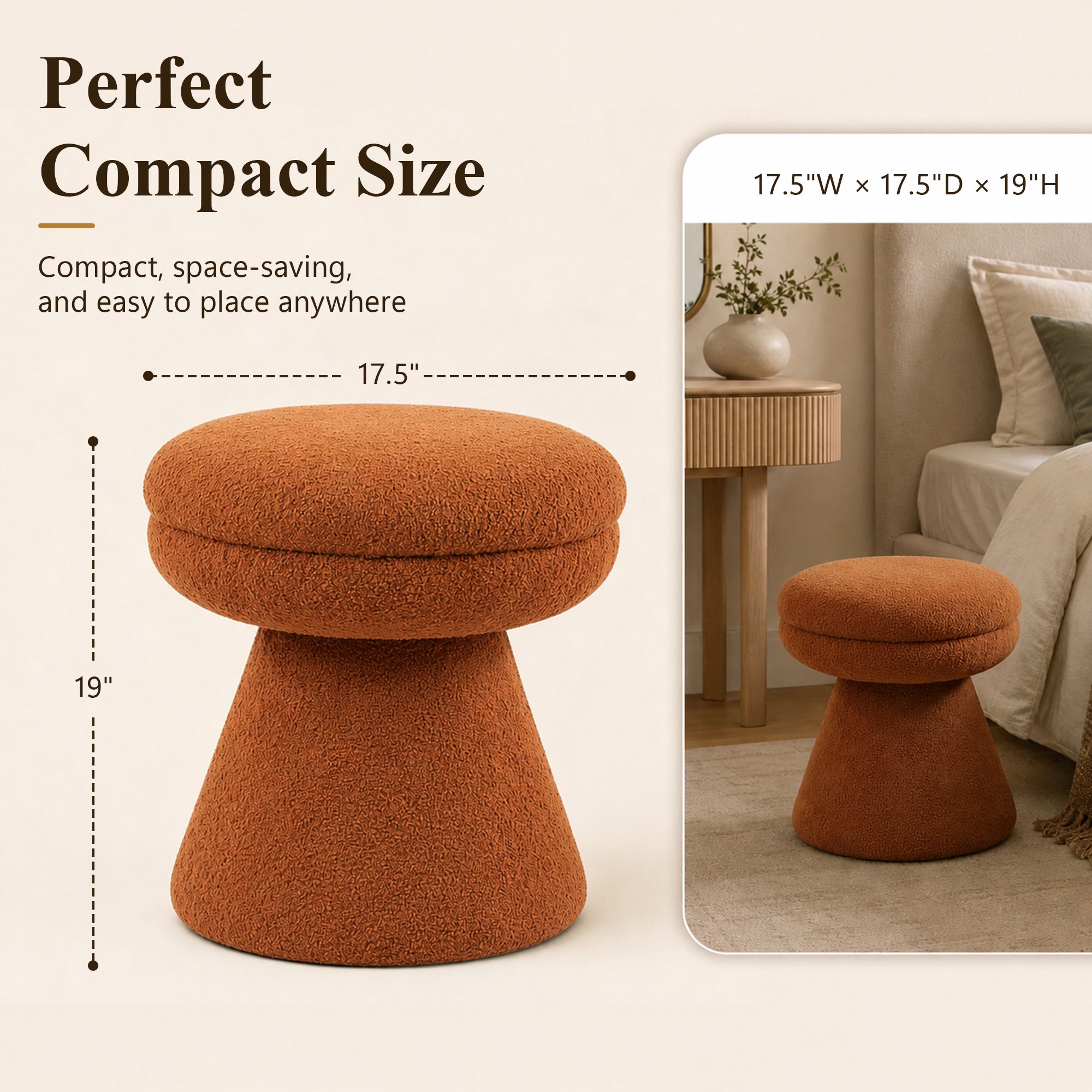 Contemporary Teddy Accent Stool with Mushroom Silhouette & Pedestal Base – Fully Assembled