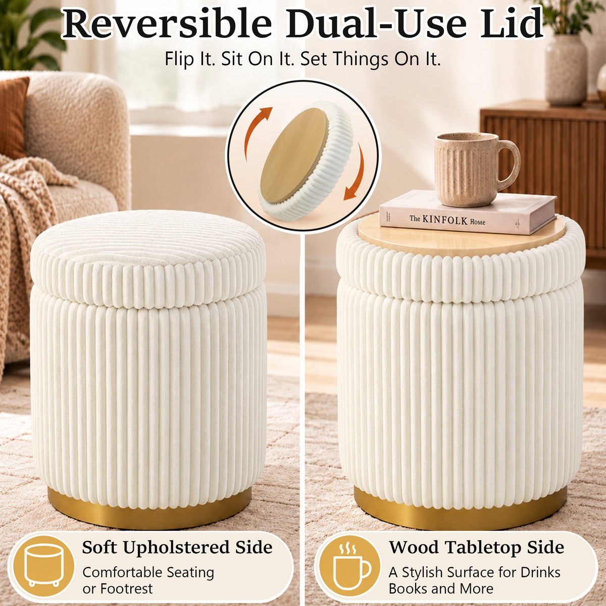 Nestable 2-Piece Storage Stool Set with 360° Swivel Base & Reversible Lid